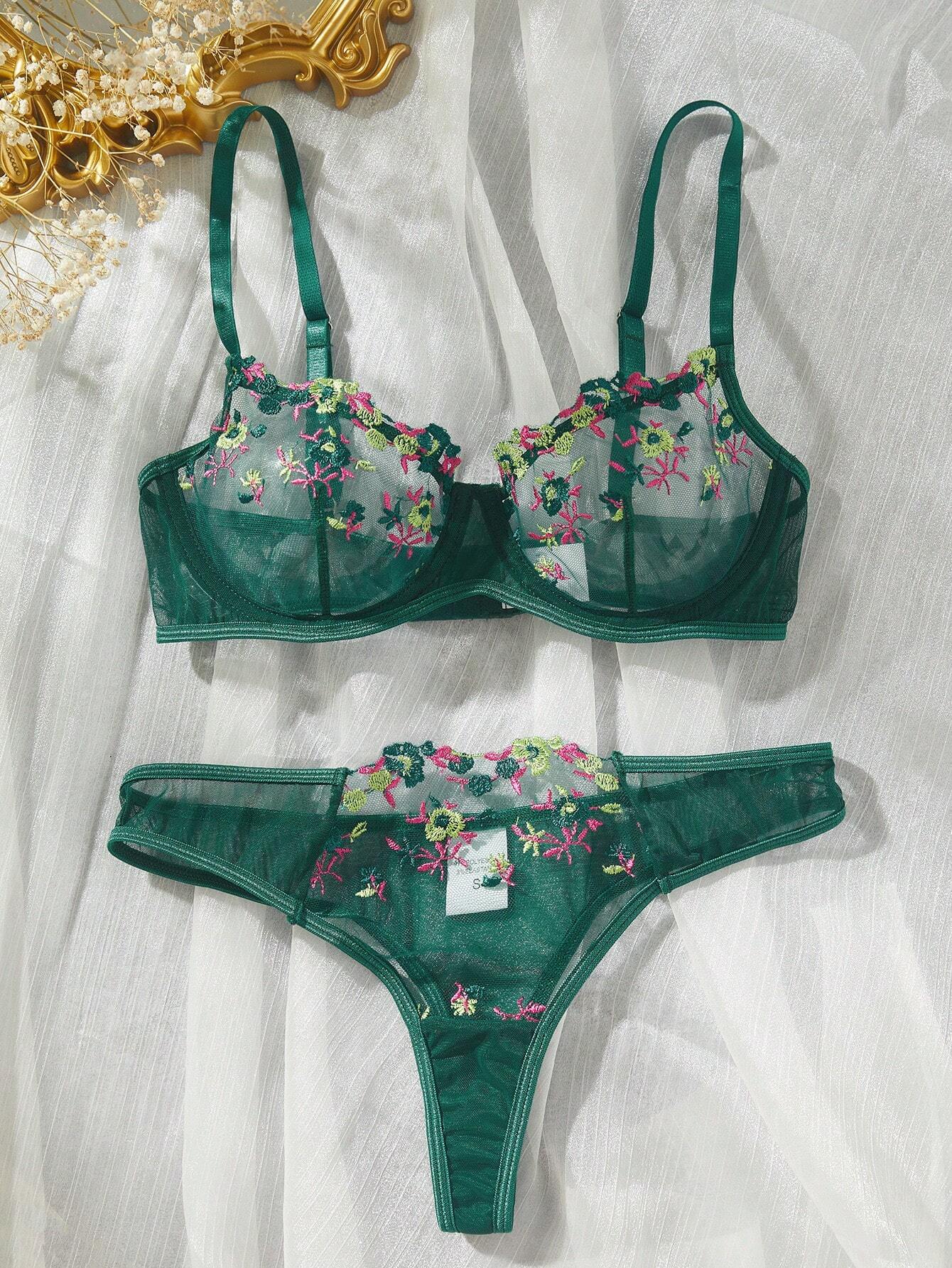 Floral Embroidery Mesh Underwire Lingerie Set Dark Green
