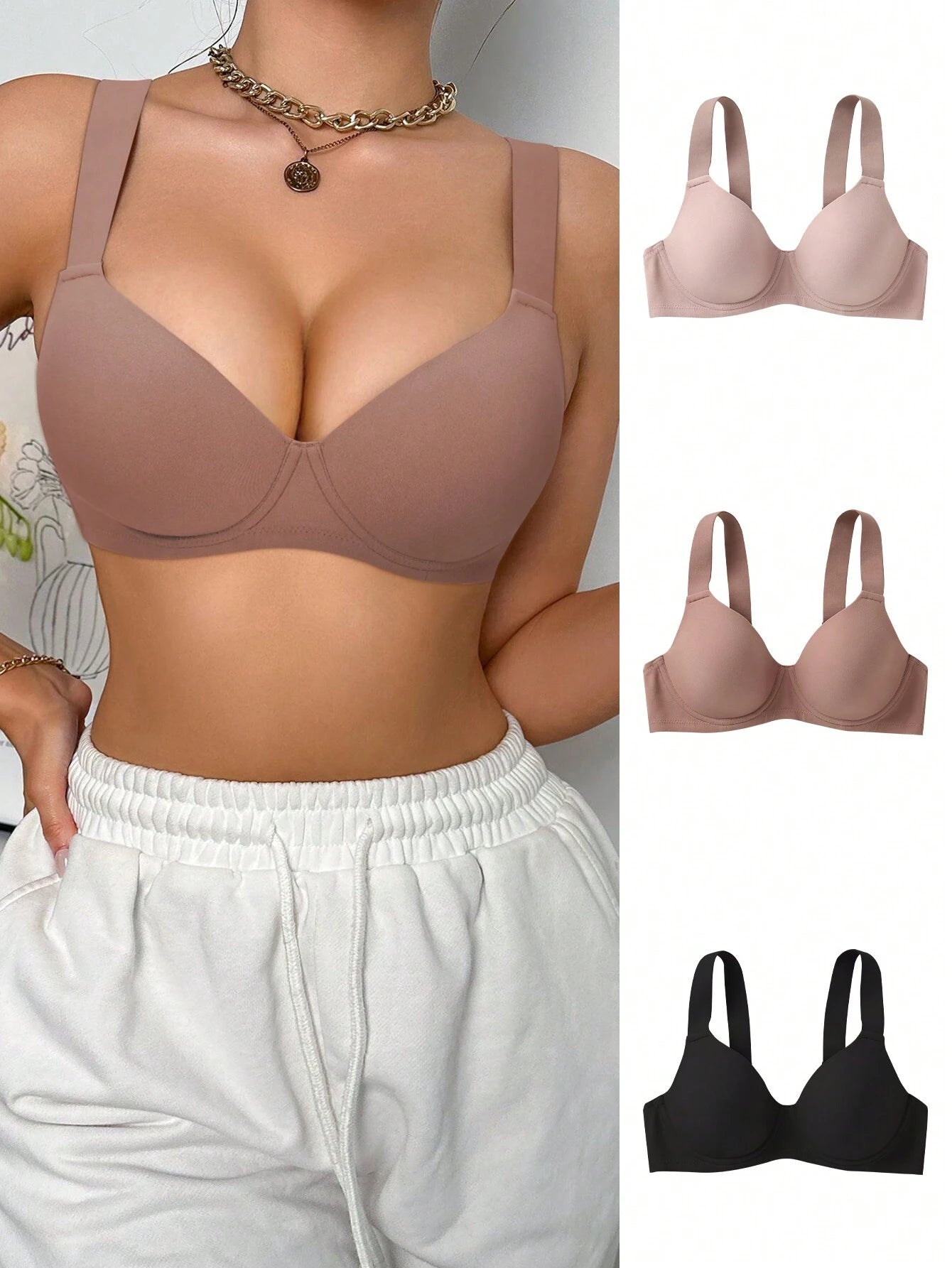 Women's Daily Casual Soft &amp; Comfortable Wide Strap Push-Up Bra With Seamless &amp; Underwire Design