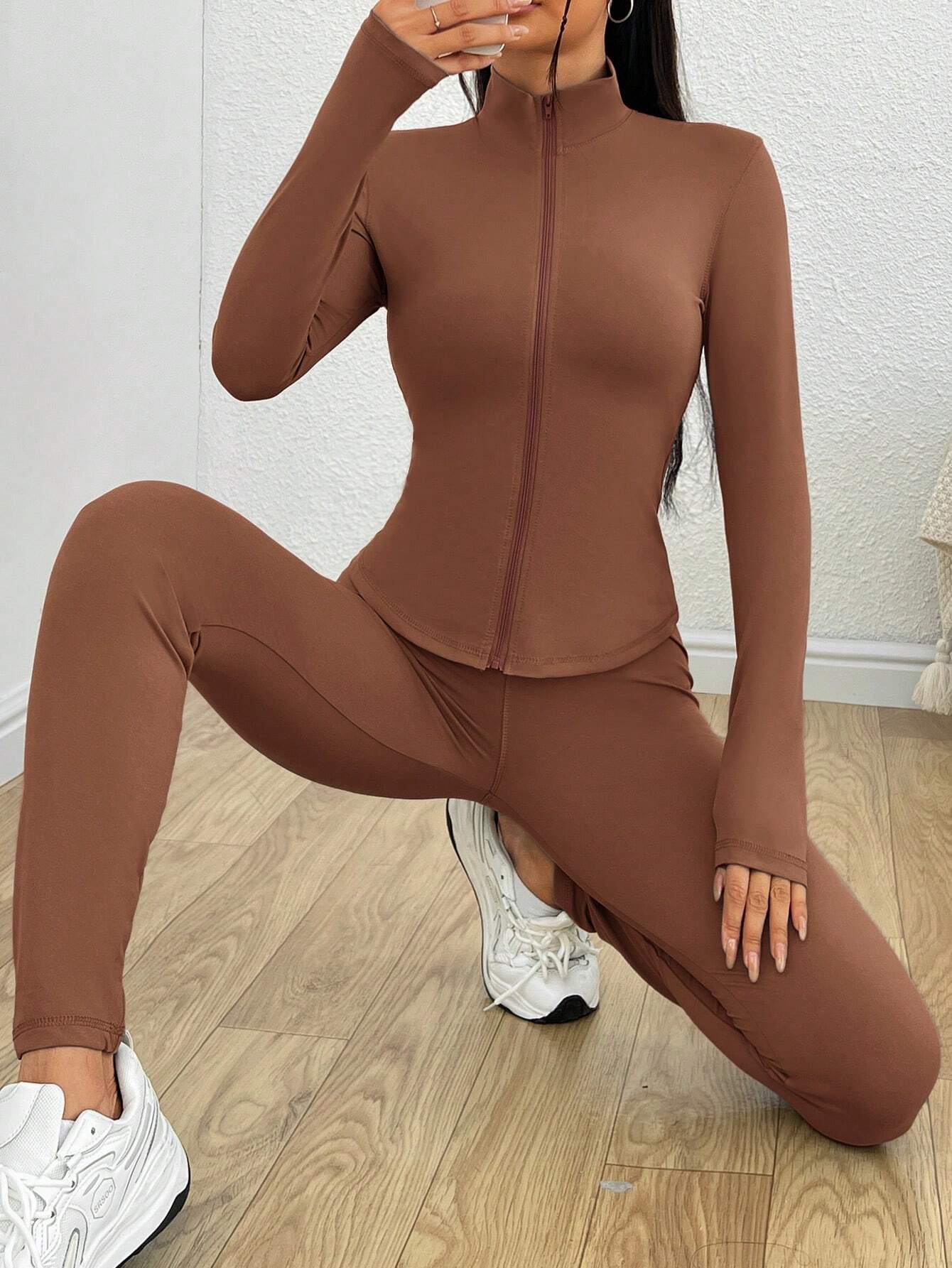 EZwear Ladies' Zipper Half Placket Long Sleeve T-Shirt And Leggings Set