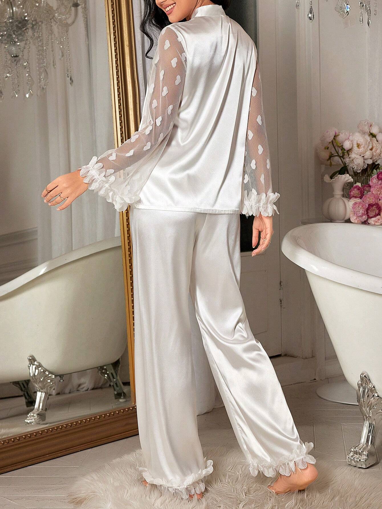 SilkySpell Women's 3D Lace Heart Shape Mesh Contrast Silk Imitation Long Sleeve Pajama Set