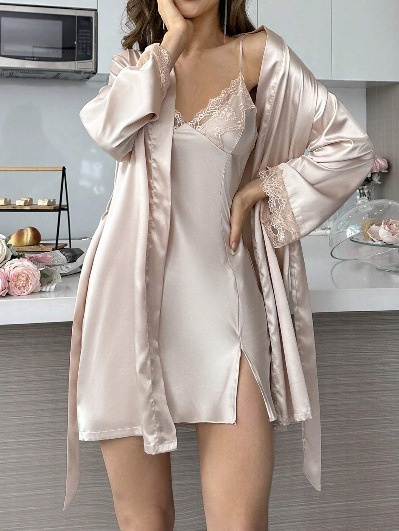 Lace Trimmed Cami Slip Dress And Robe Pajama Set