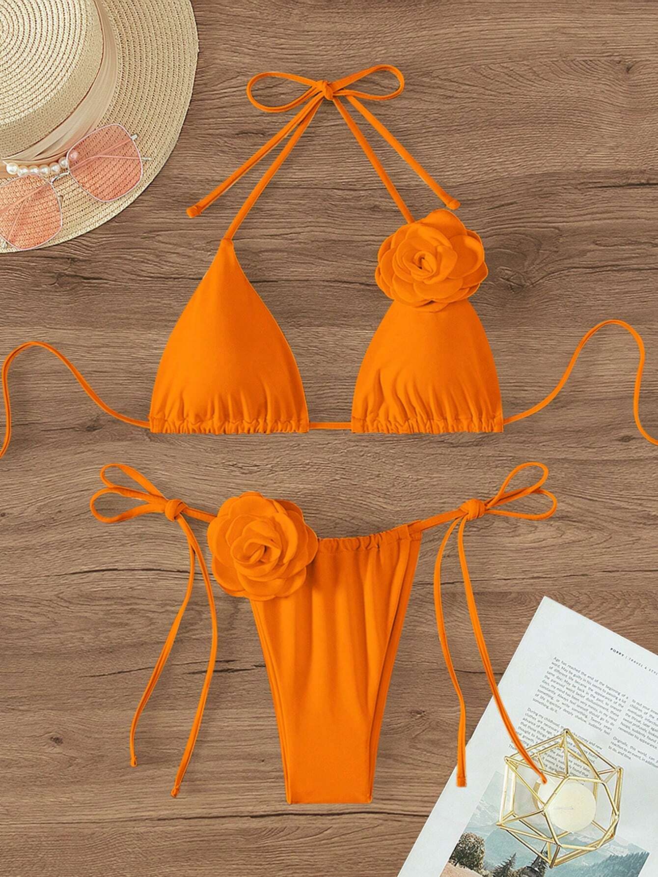 Swim Vcay Appliques Halter Triangle Tie Side Bikini Swimsuit Orange