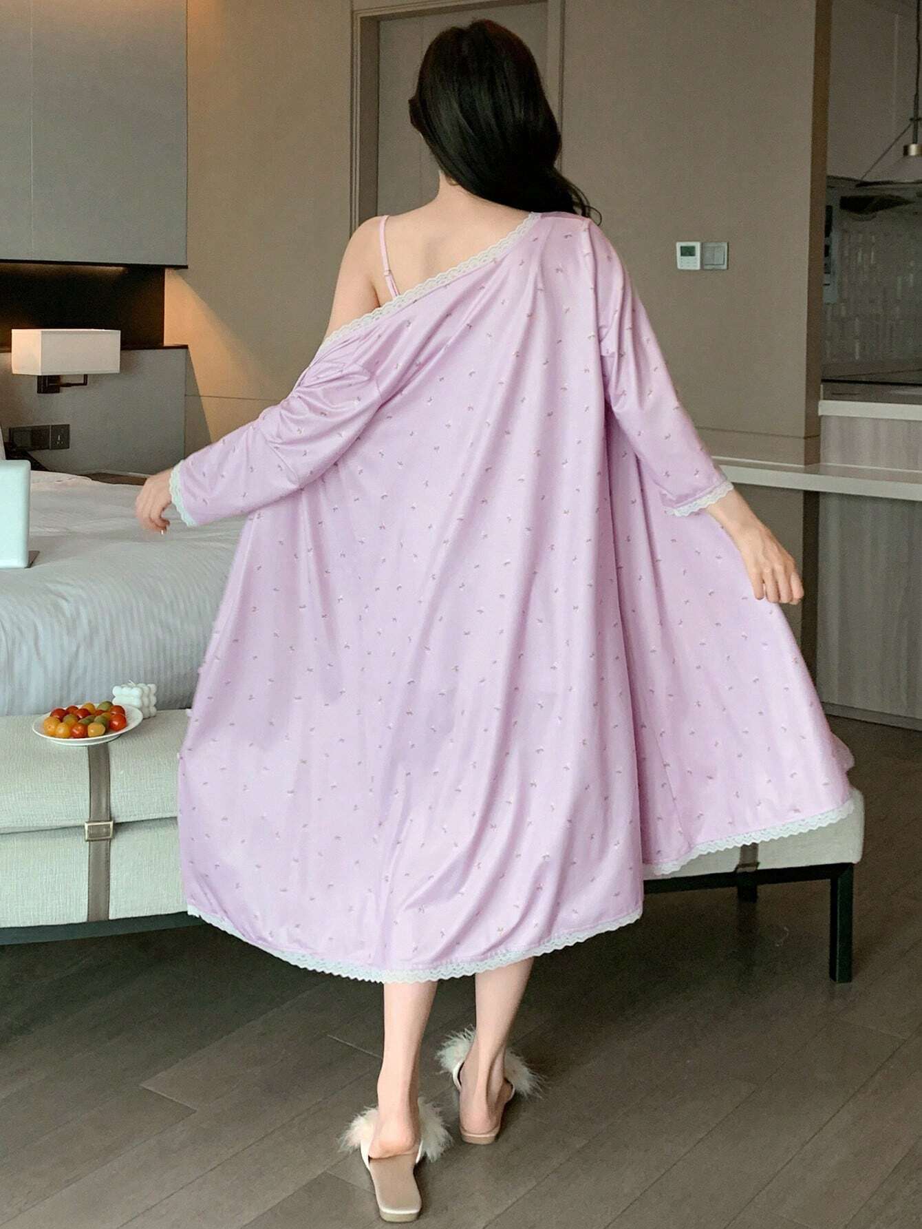 DAZY Women's Contrast Floral Lace Dress And Robe Set For Sleepwear