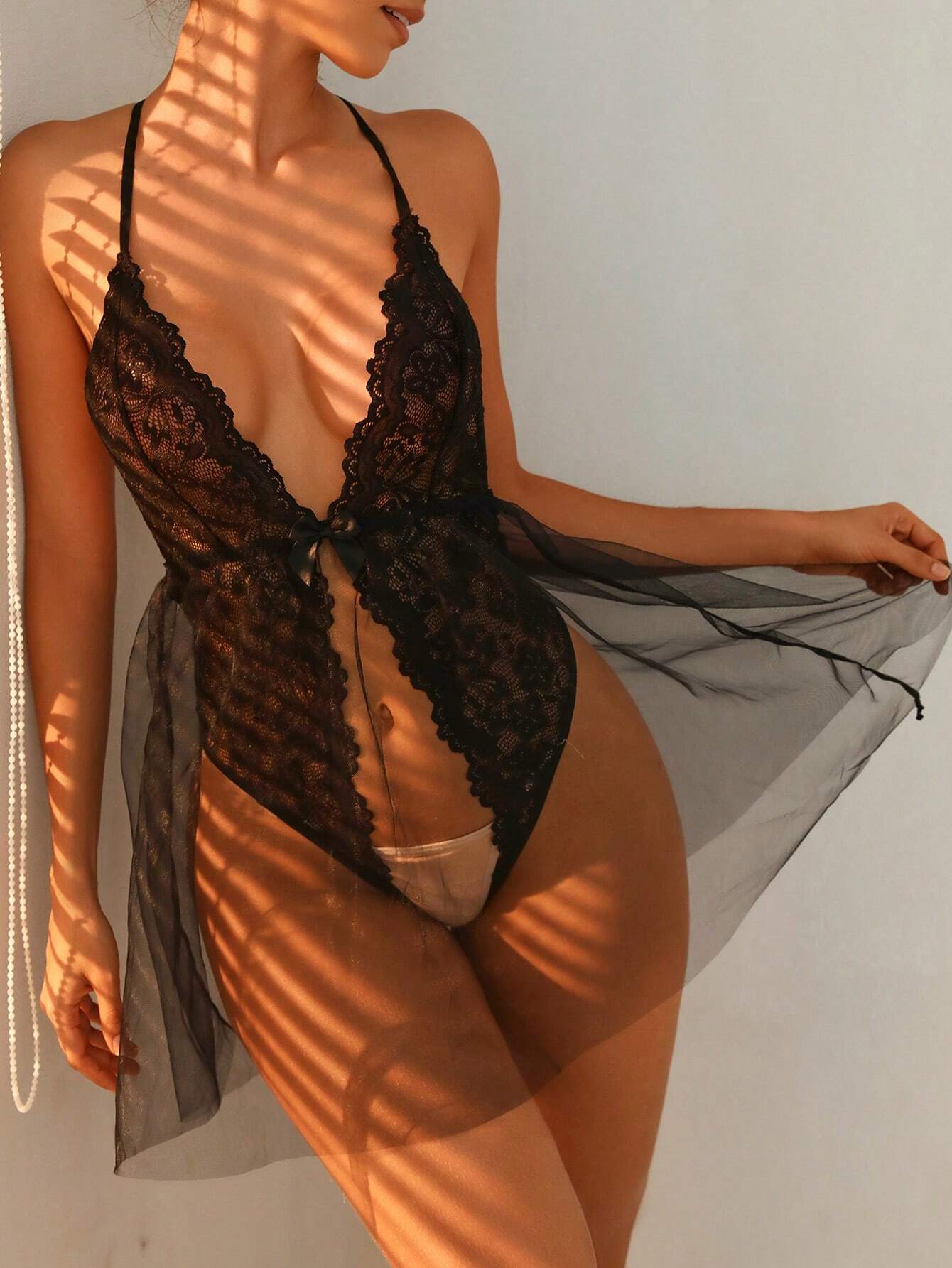 Classic Sexy Contrast Lace Mesh Plunging Neck Slips