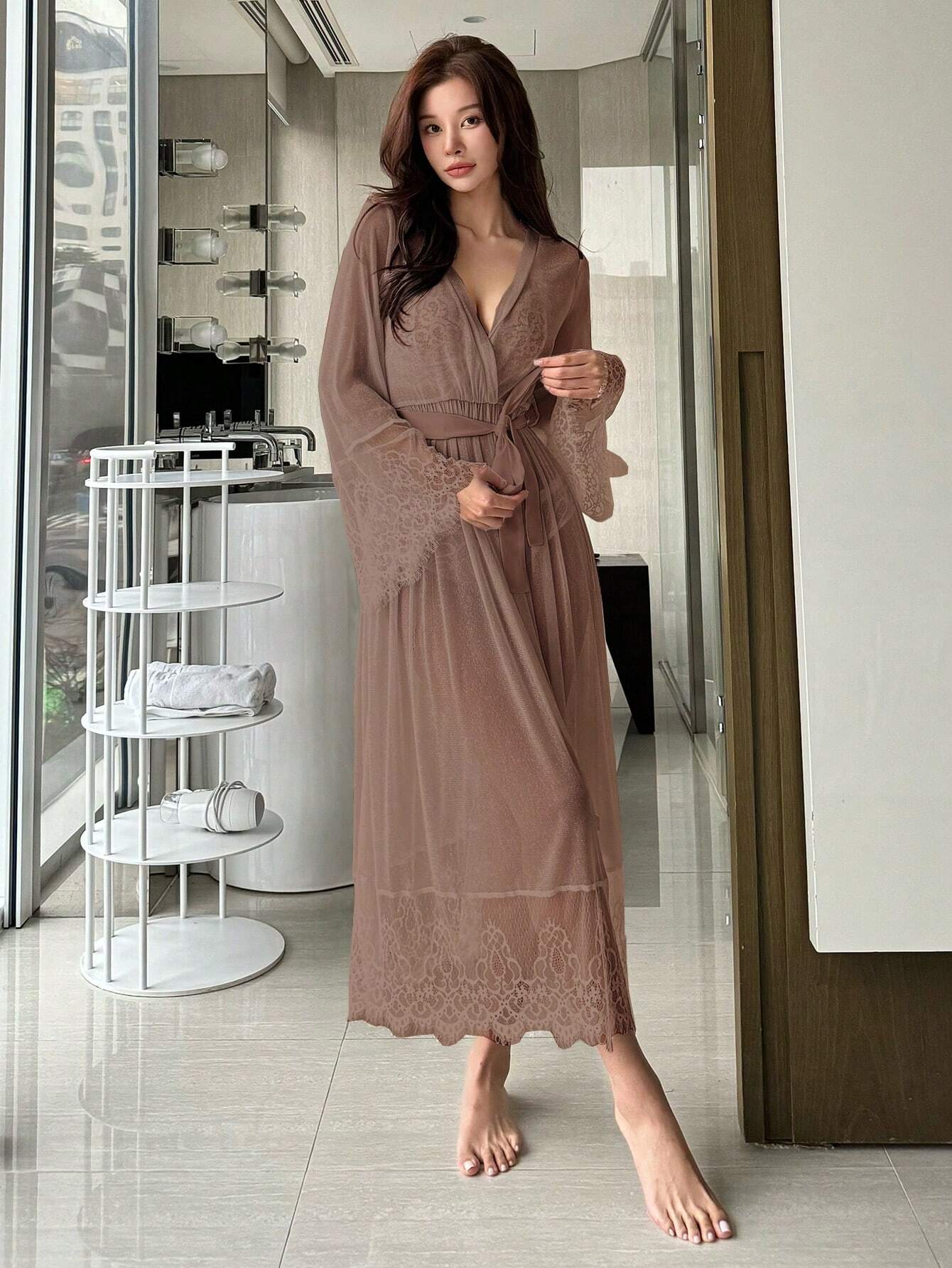 DAZY Sexy Lace Waist Cinching Nightgown With Sheer Luminous Material Patchwork