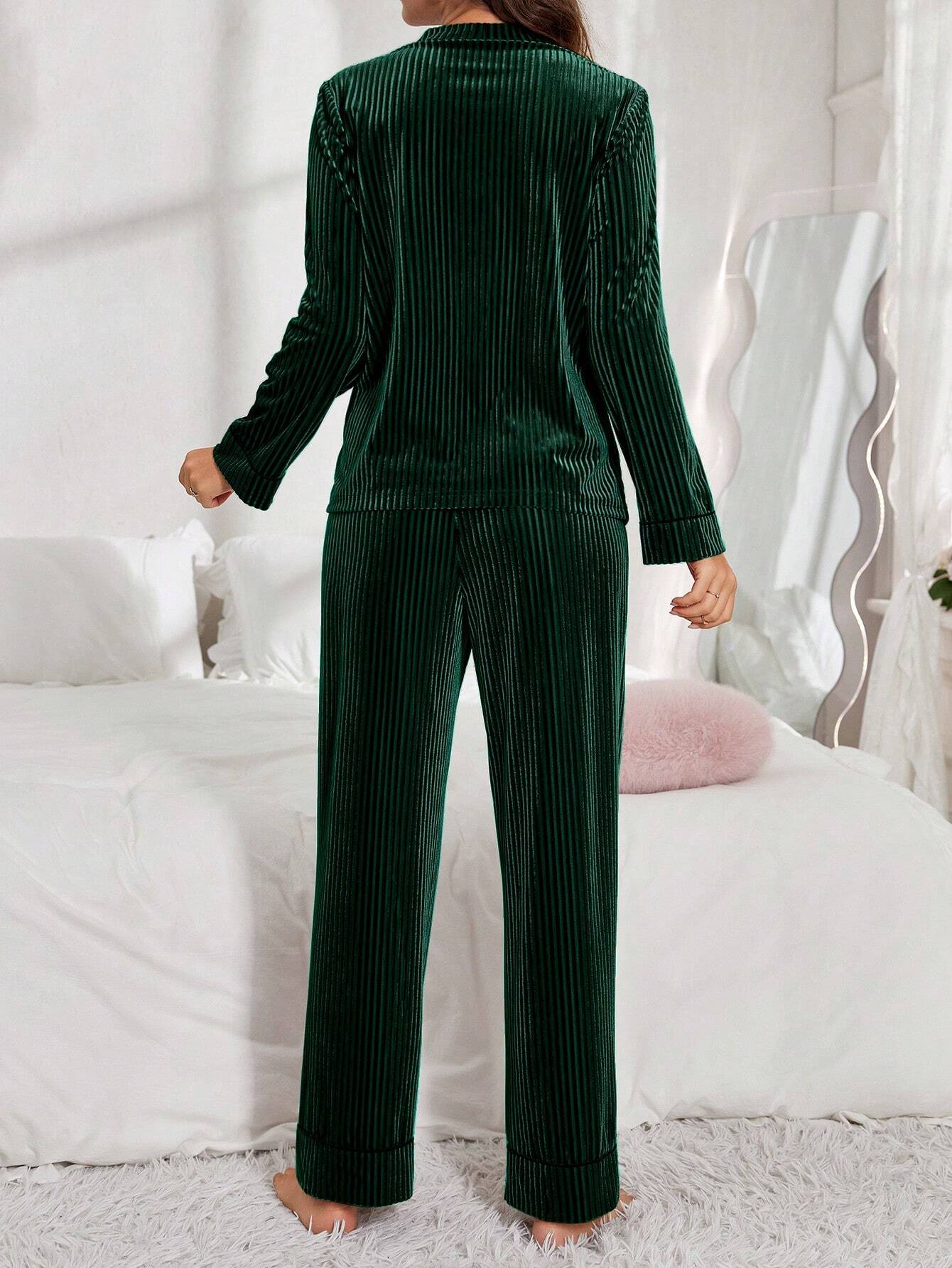 Women Velvet Button-Up Long Sleeve Pajama Set