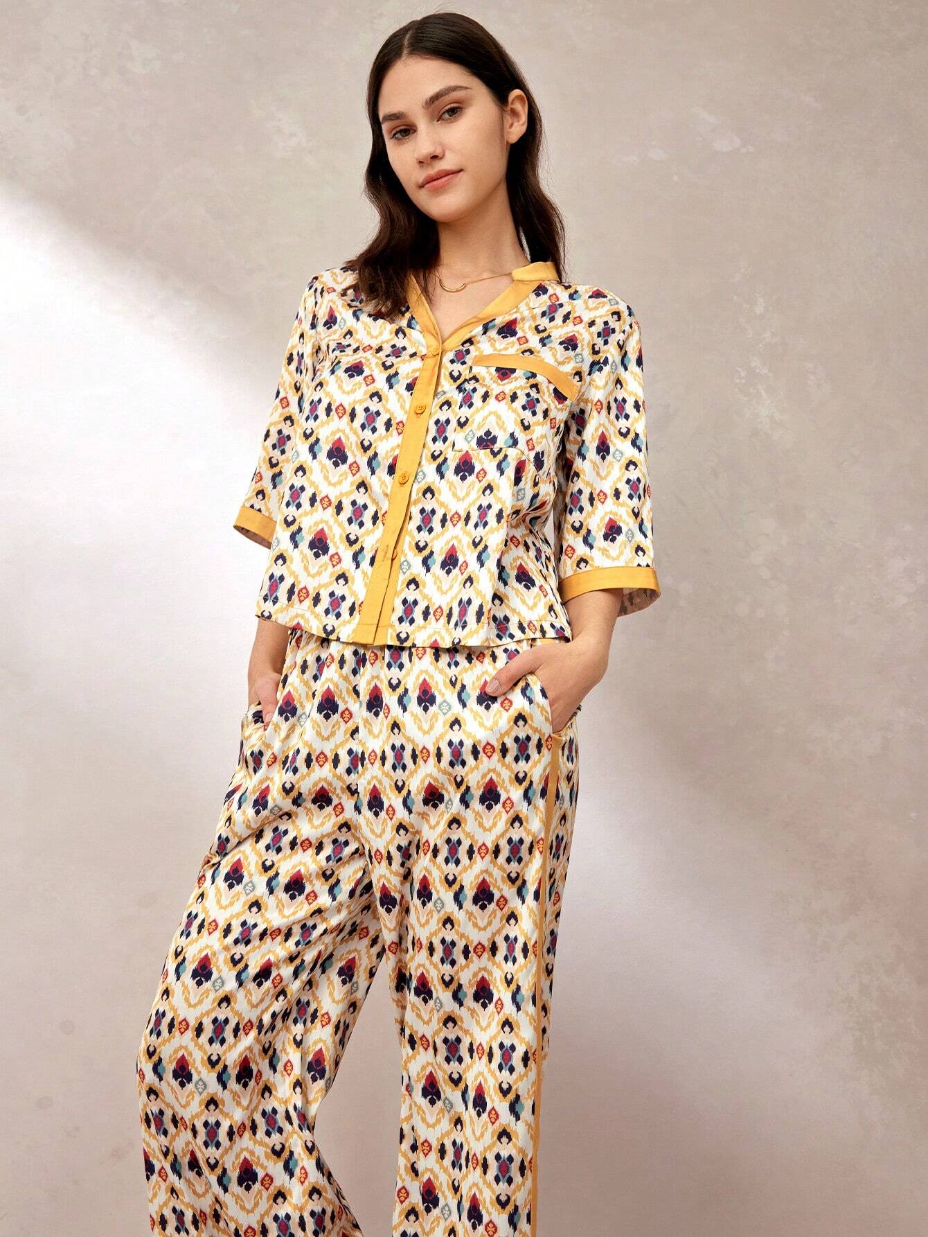 LUVLETTE Fasion Patterned Satin Long Pajama Sets