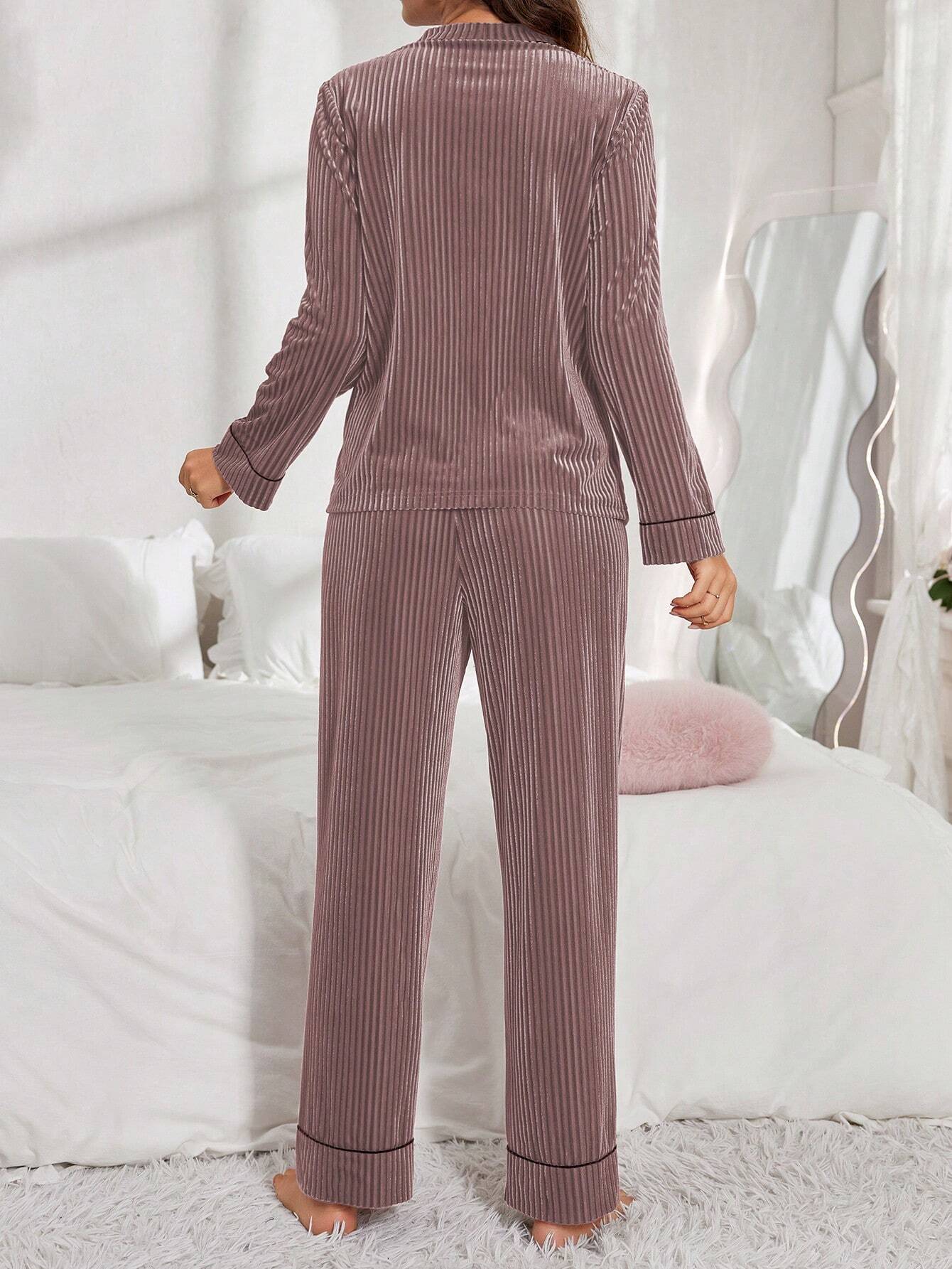 Women Velvet Button-Up Long Sleeve Pajama Set