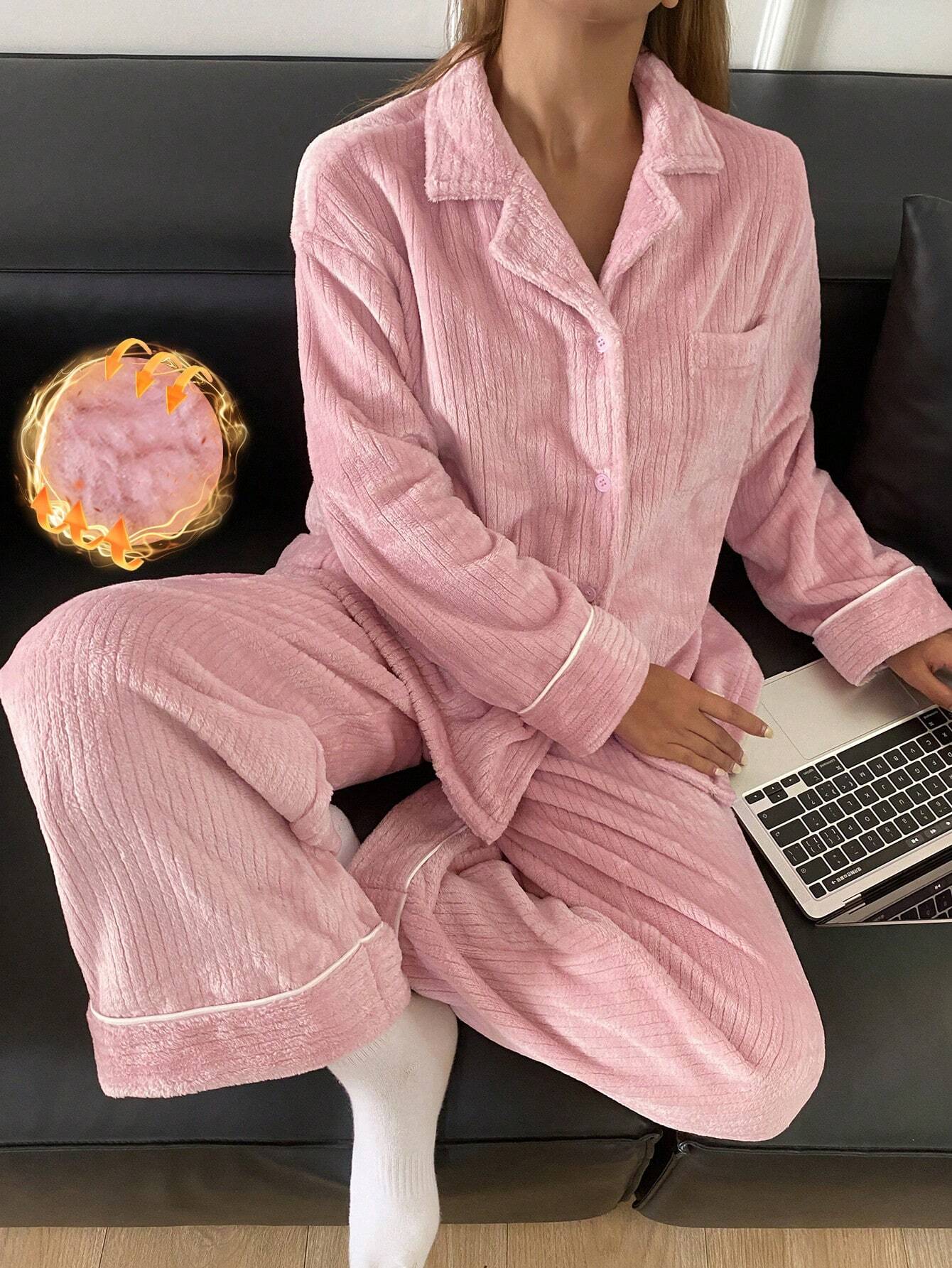 DAZY 2pcs Solid Color Button Front Pocket Minimalist Top And Flannel Thickened Minimalist Pajama Pants Set Pink