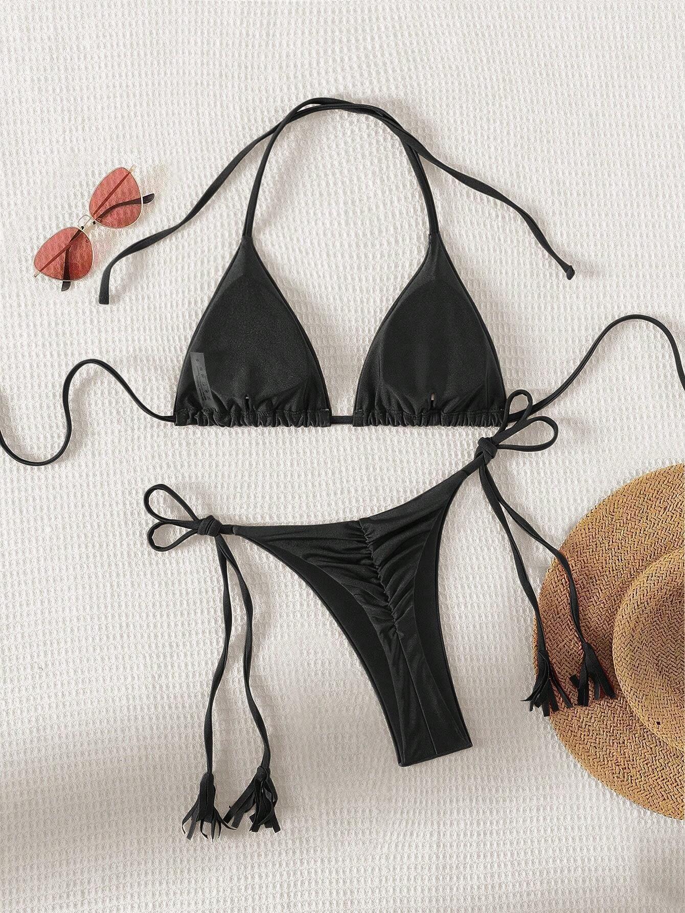 Women's Solid Color Halter Strap Separated Swimsuit Set Carnival Black