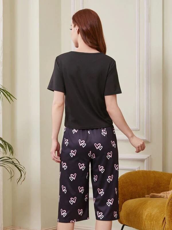 Heart Print Pocket Patched PJ Set