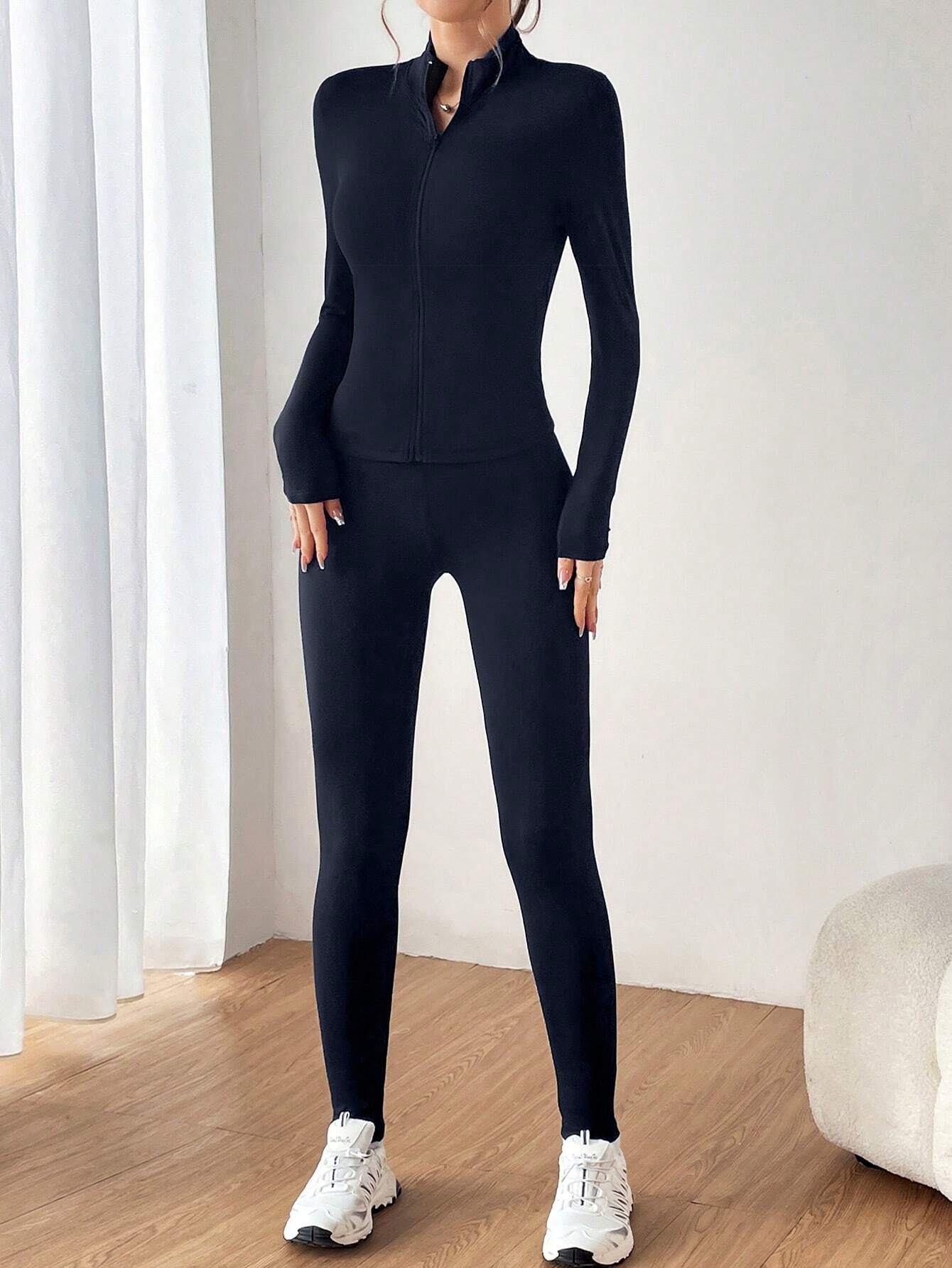 EZwear Ladies' Zipper Half Placket Long Sleeve T-Shirt And Leggings Set