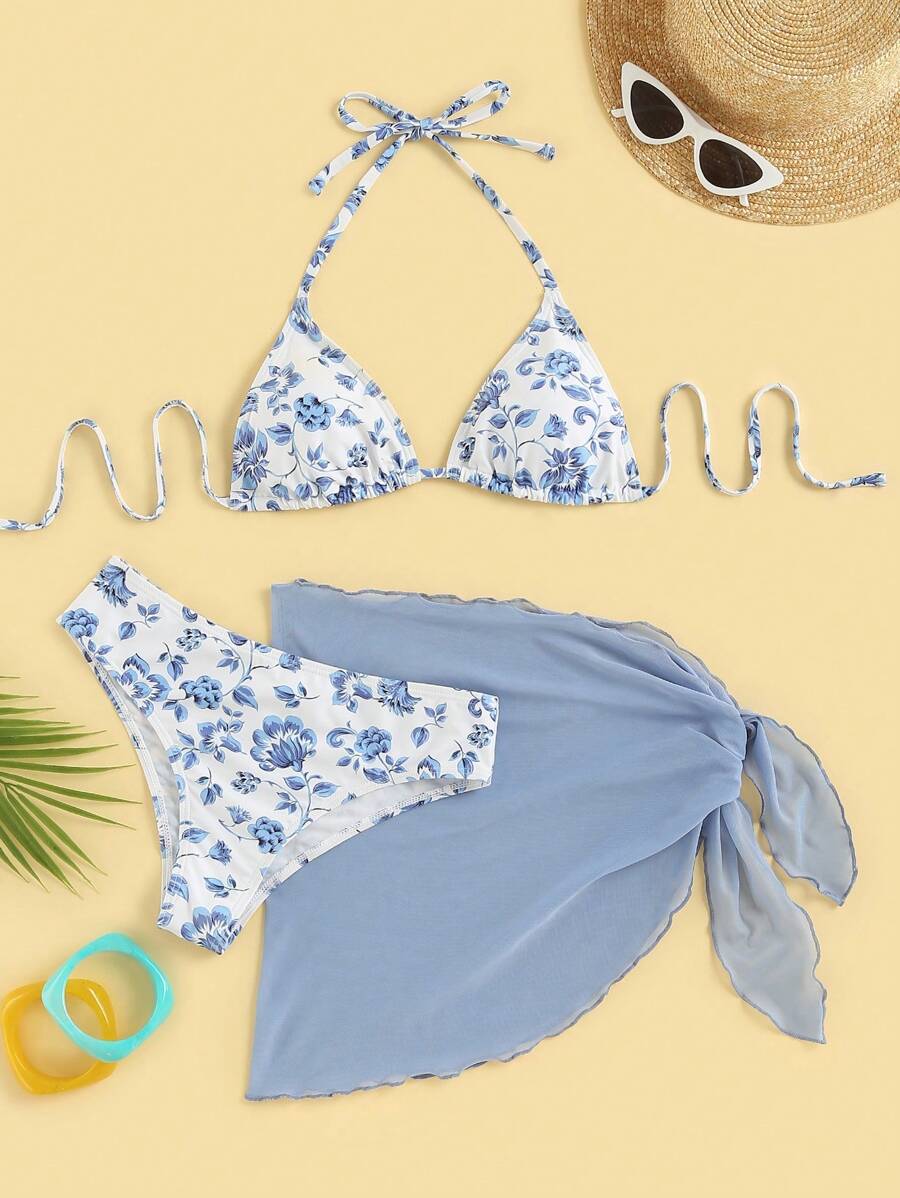 Floral Print Halter Triangle Bikini Swimsuit With Beach Skirt Baby Blue