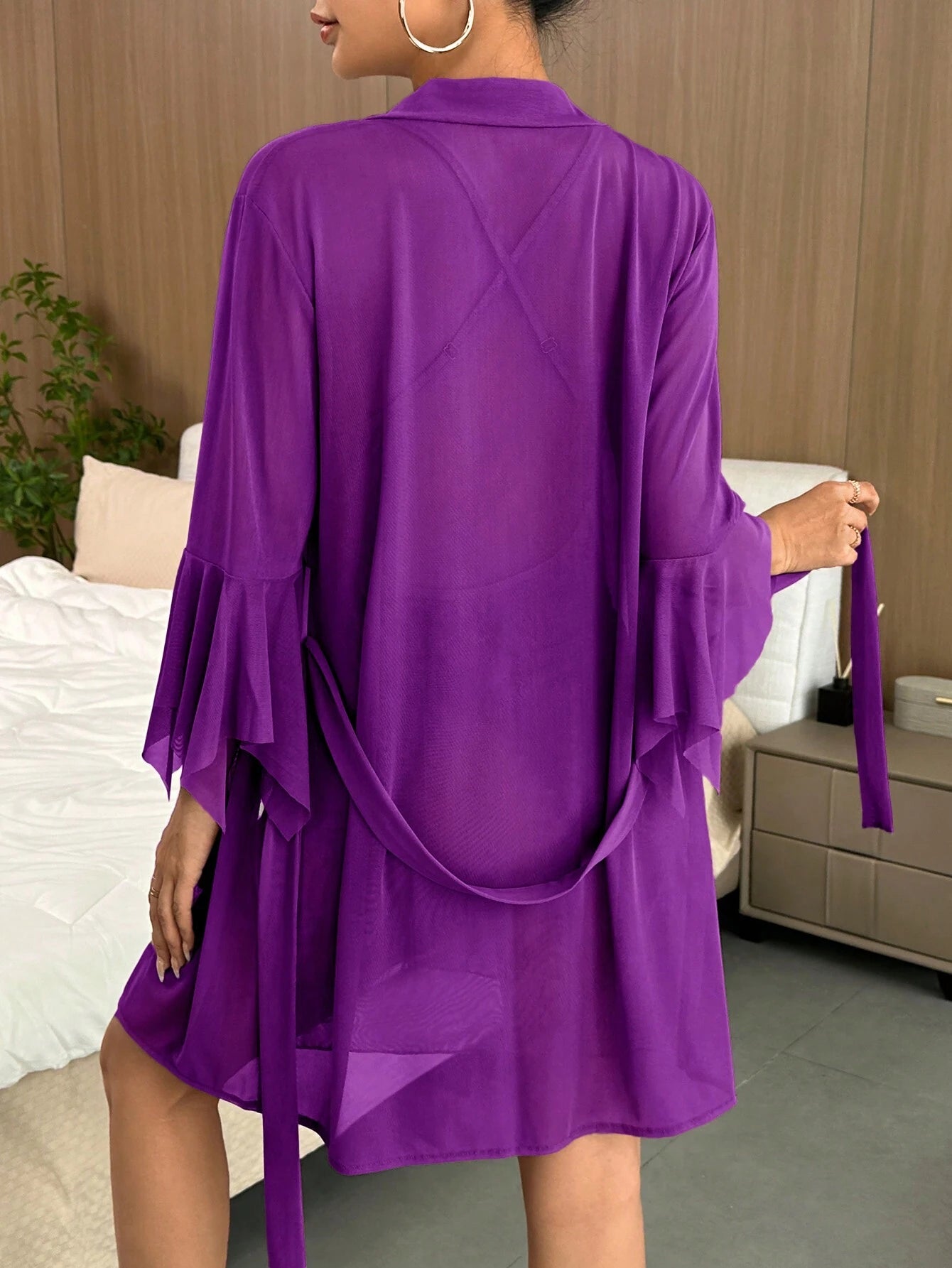 Solid Color Lace Patchwork Mesh Pajama Set