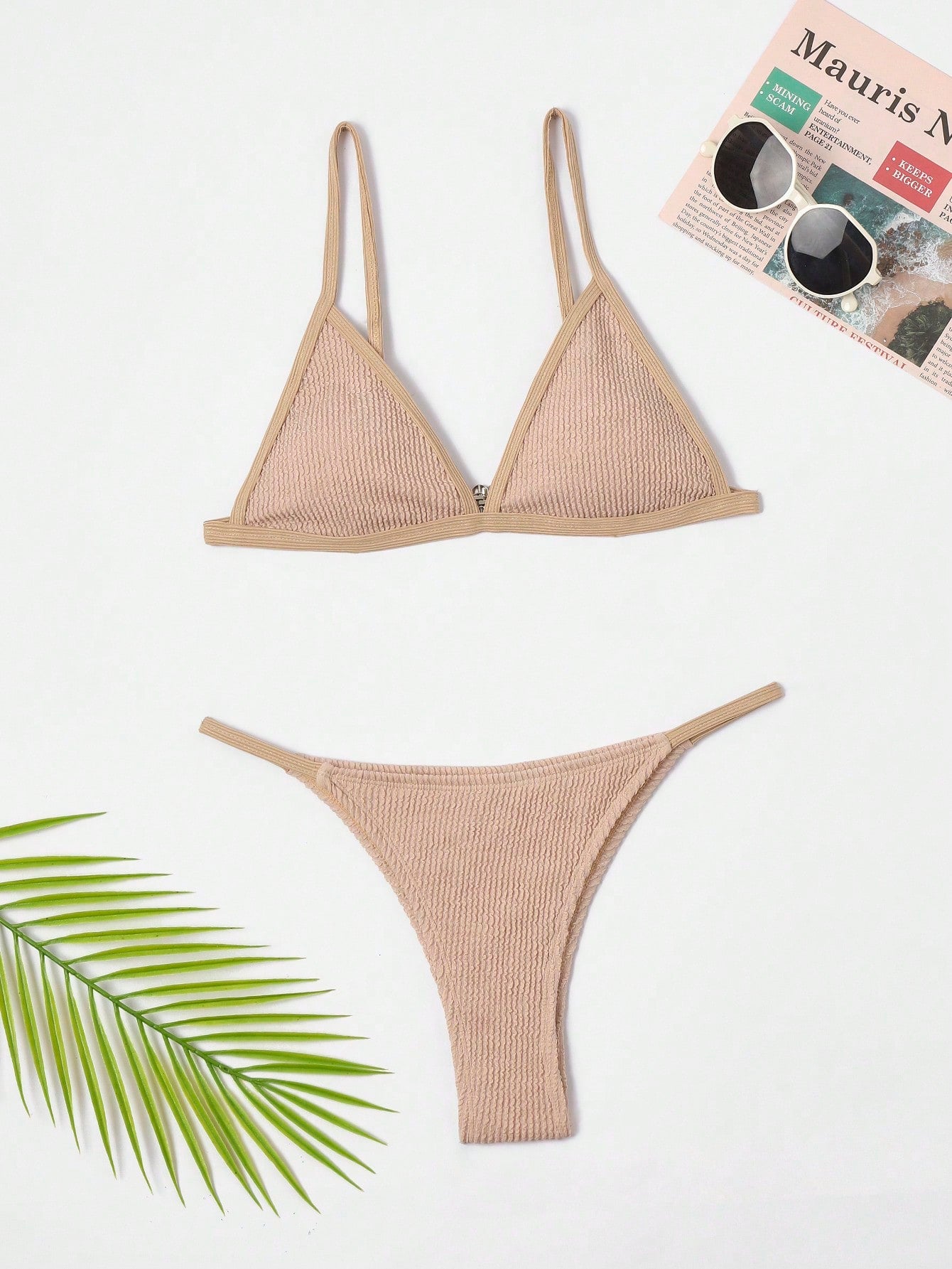 Contrast Binding Triangle Thong Bikini Swimsuit XS Khaki