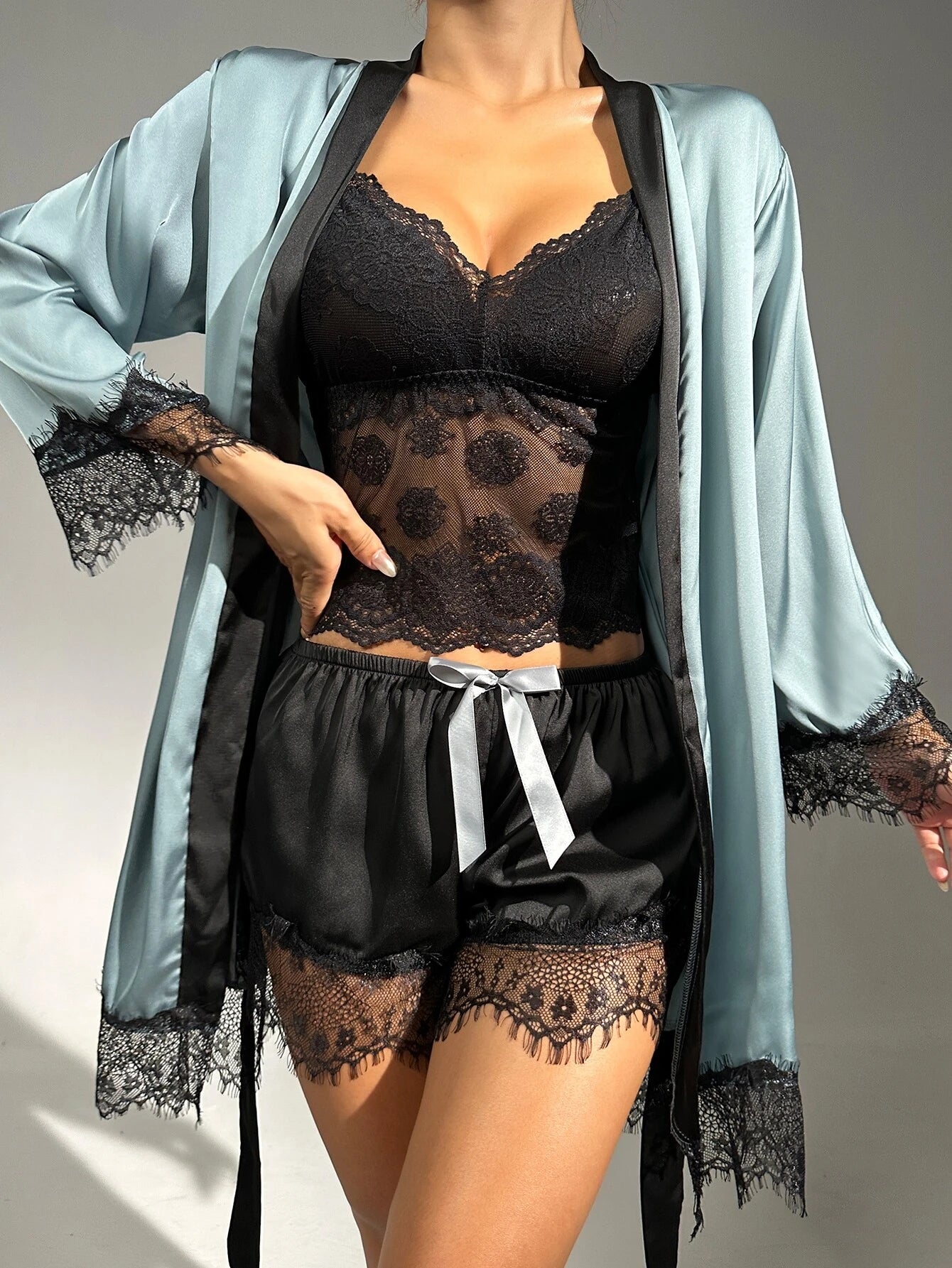 Sheer Lace Cami With Belted Robe &amp; Shorts Night Set