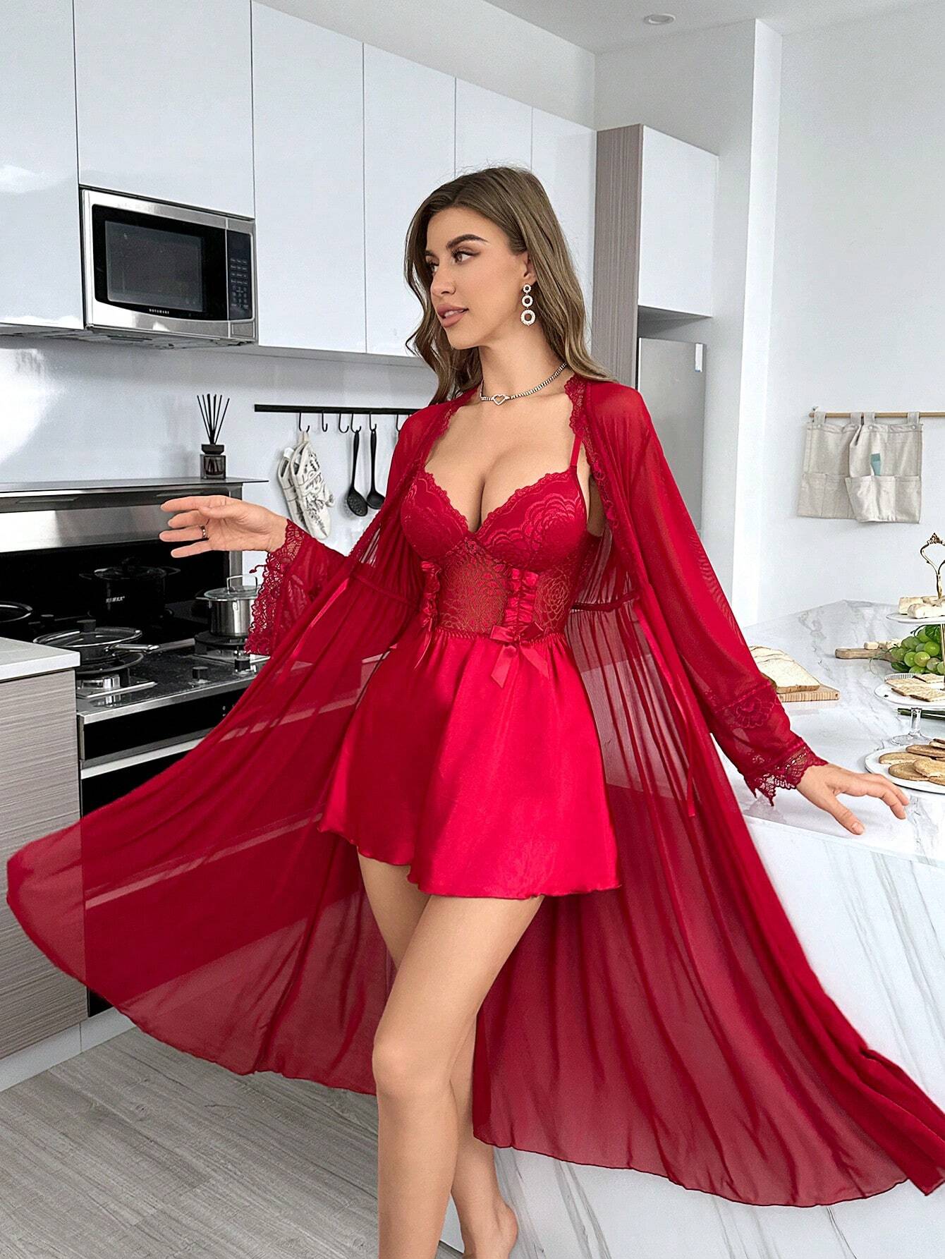 Women Spliced Lace Long Sleeve Robe And Cami Dress Sexy Sleepwear Set Pajama Set