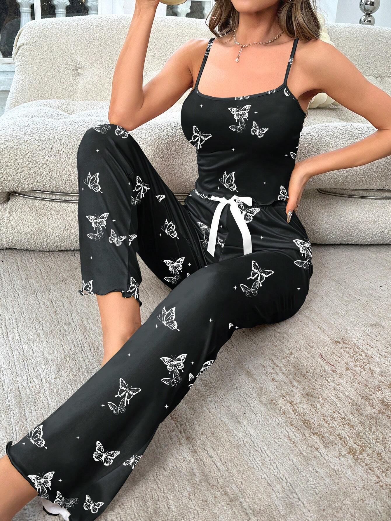 Butterfly Printed Cami Tank Top And Pants Pajama Set