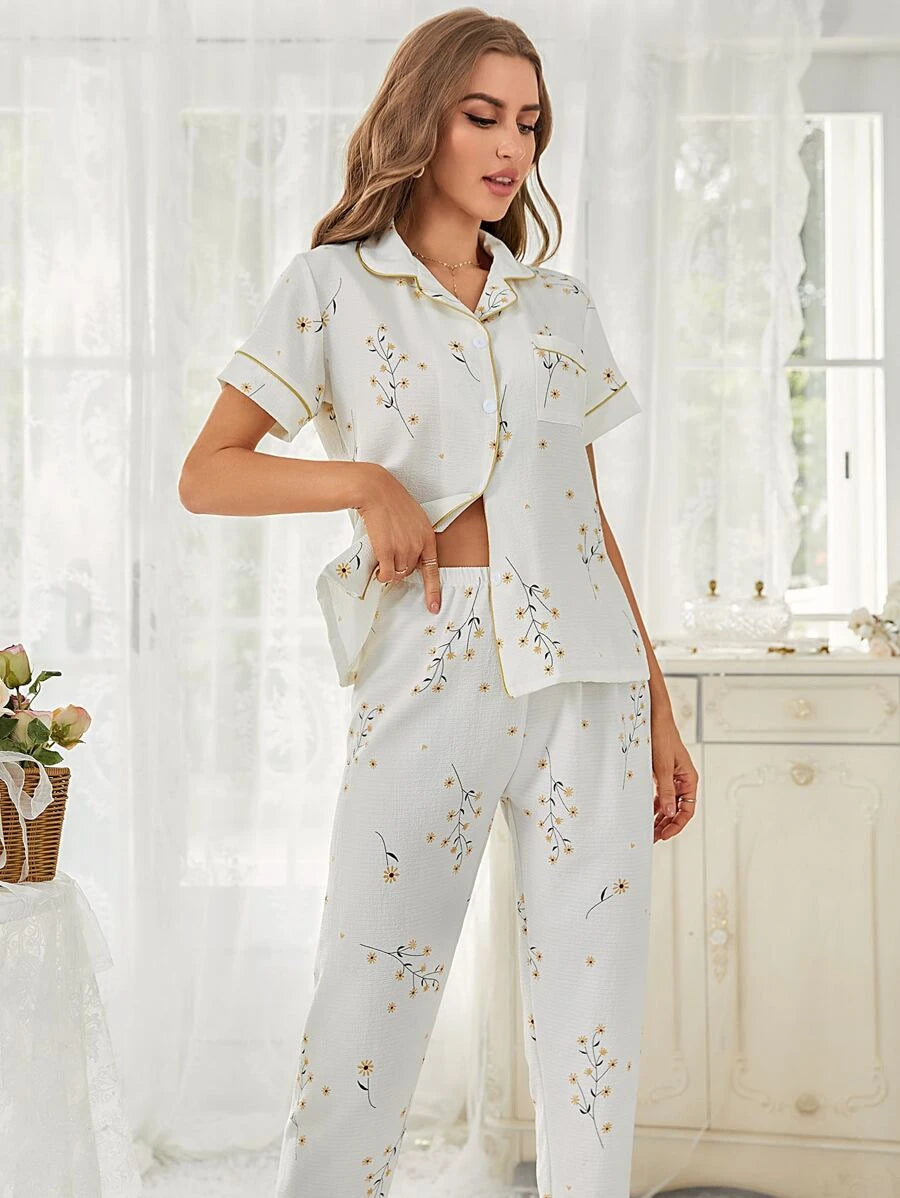 Allover Letter Graphic Pocket Patched Satin Blouse and Pants PJ Set