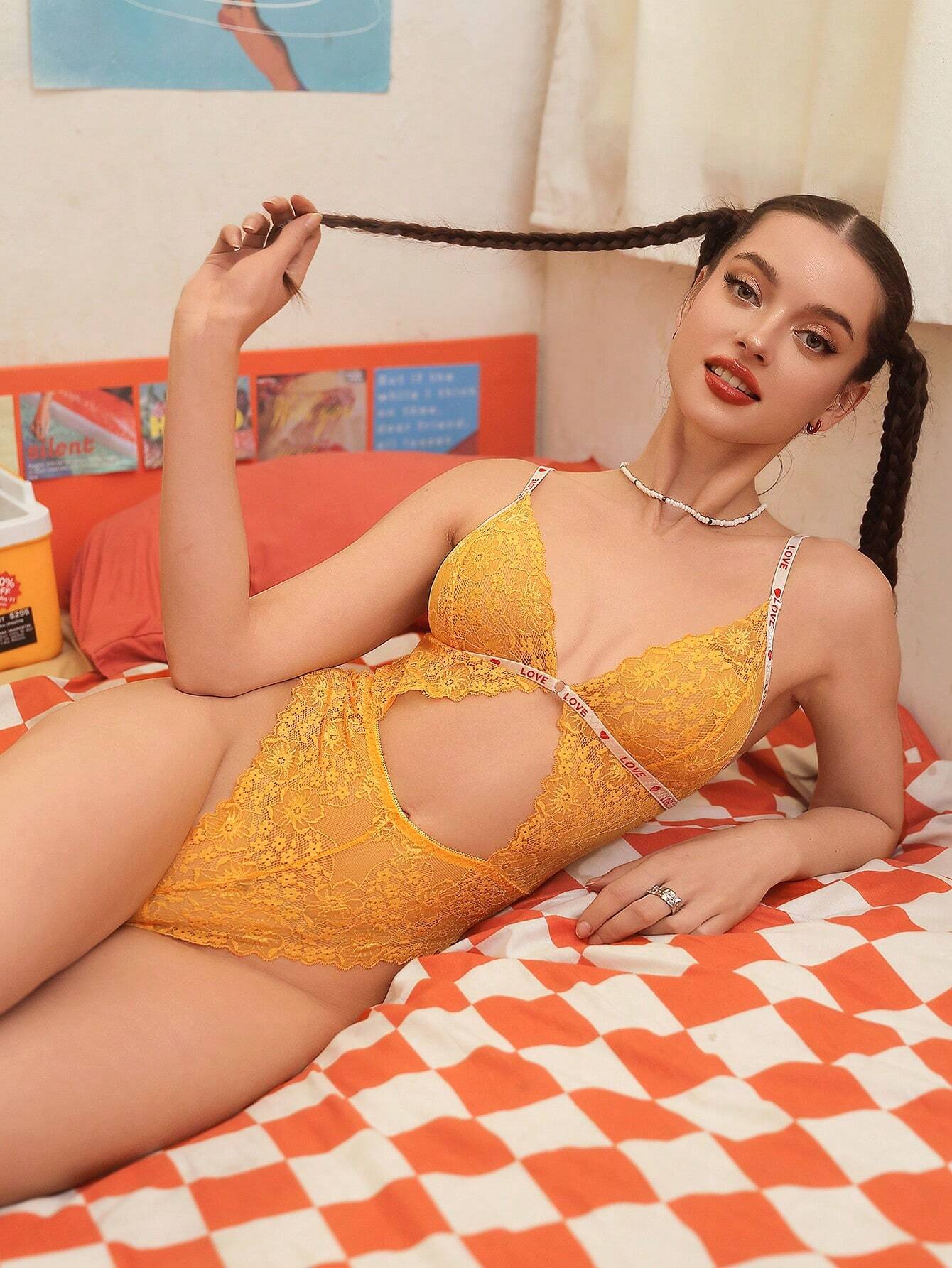 Eraneu Women's Lace Sexy Bodysuit With Heart And Letter Print Ribbon