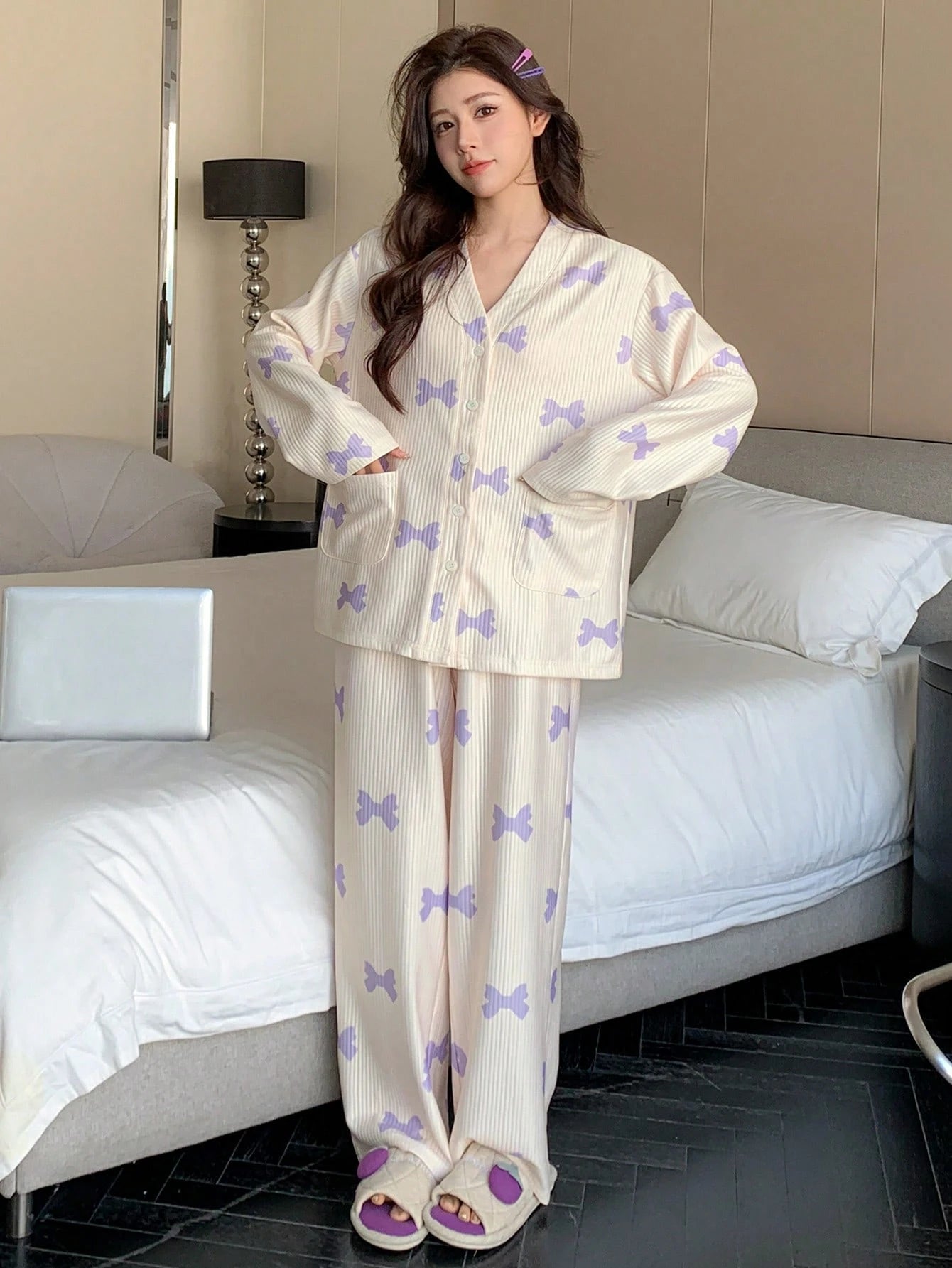 DAZY Winter Striped Textured Cute Bow Pattern Print Cardigan Pajamas Set