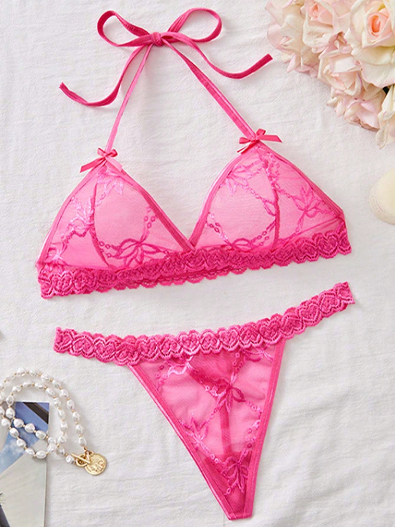 Customized Lace See-Through T-String Set Pink One-Size