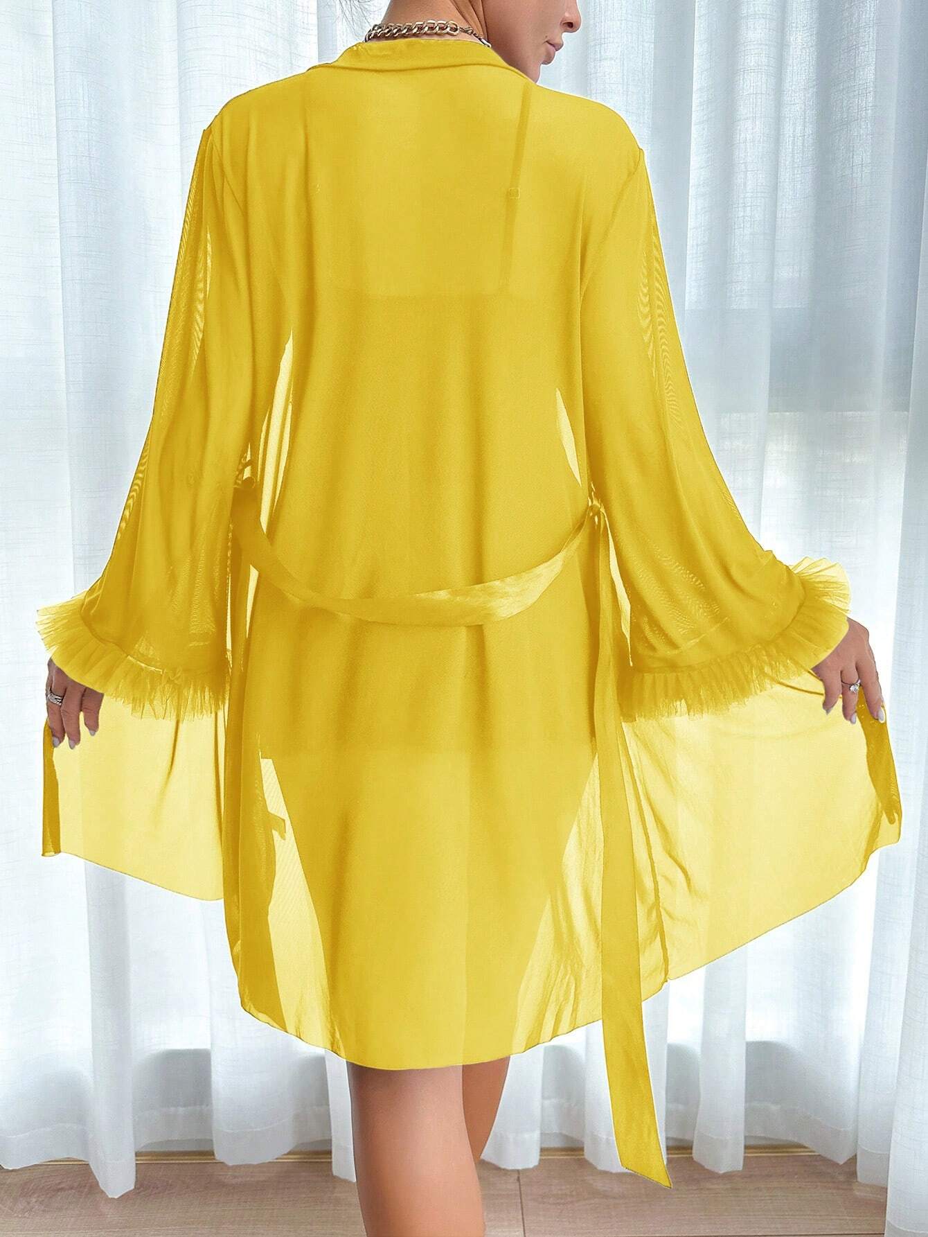 2pcs Set: Fishbone Style Cinch Waist Lace Cami Nightgown &amp; Wide Sleeve Mesh Robe