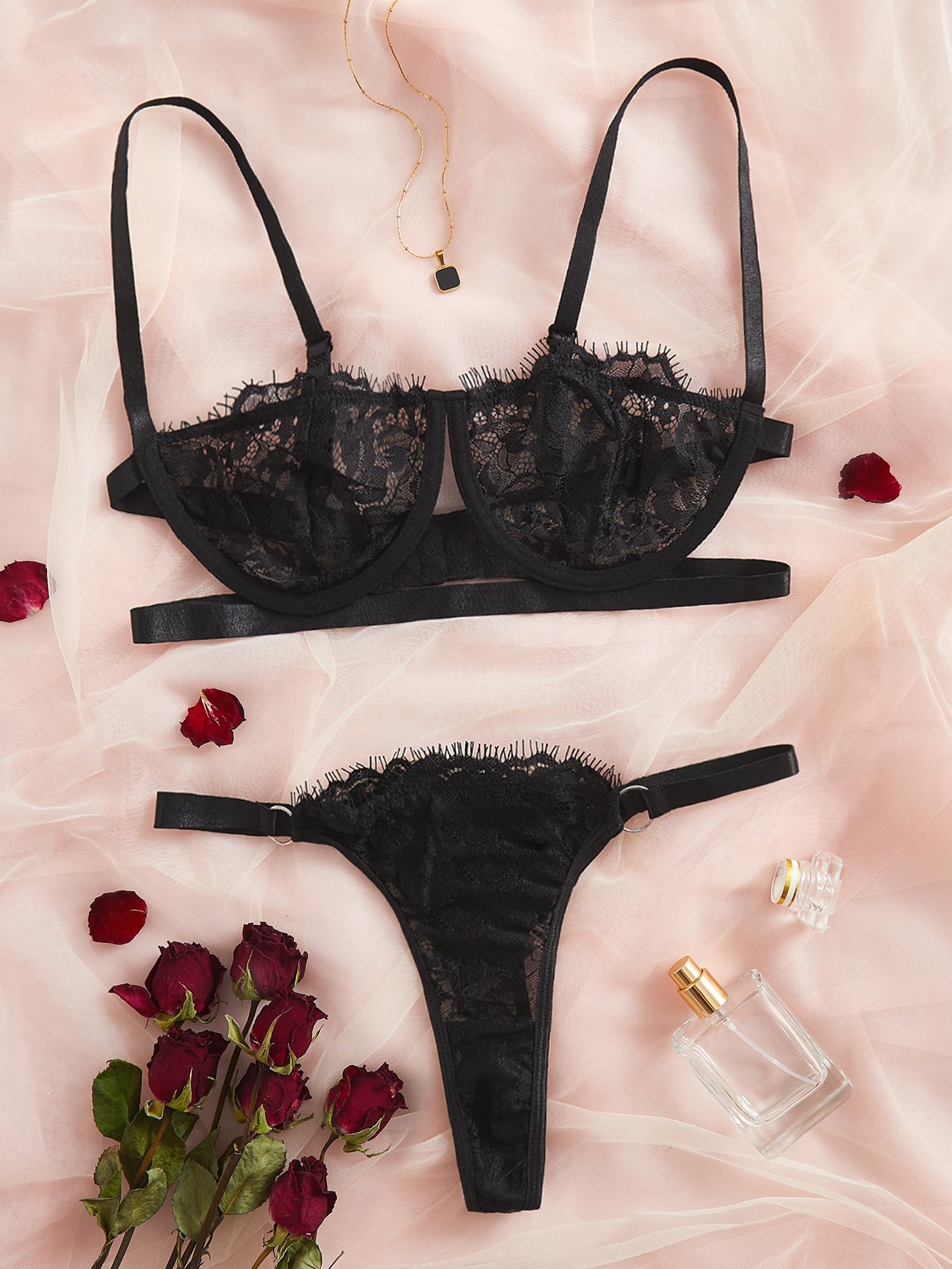 Floral Lace Lingerie Set Black