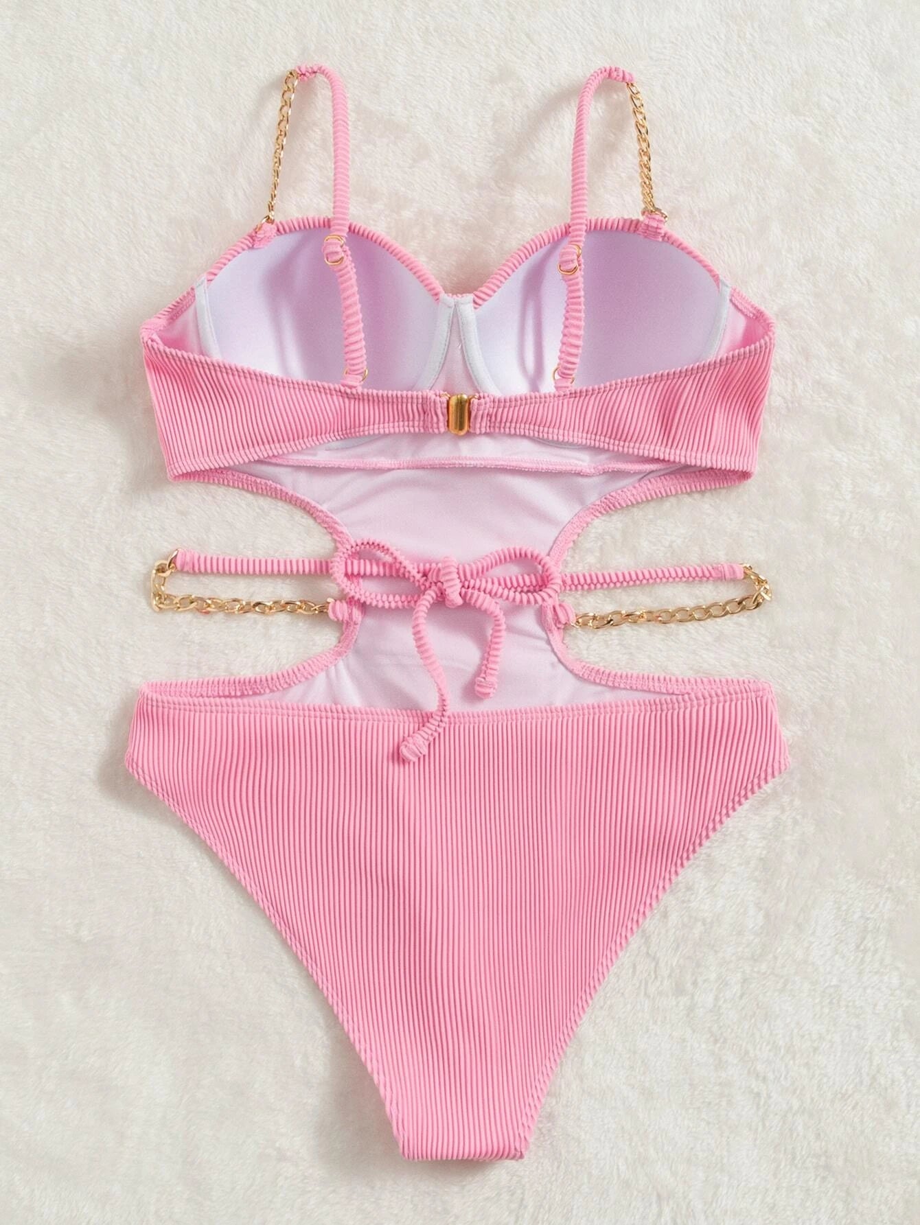 Swim Summer Beach Rib Cut-Out Chain Linked Push Up One Piece Swimsuit