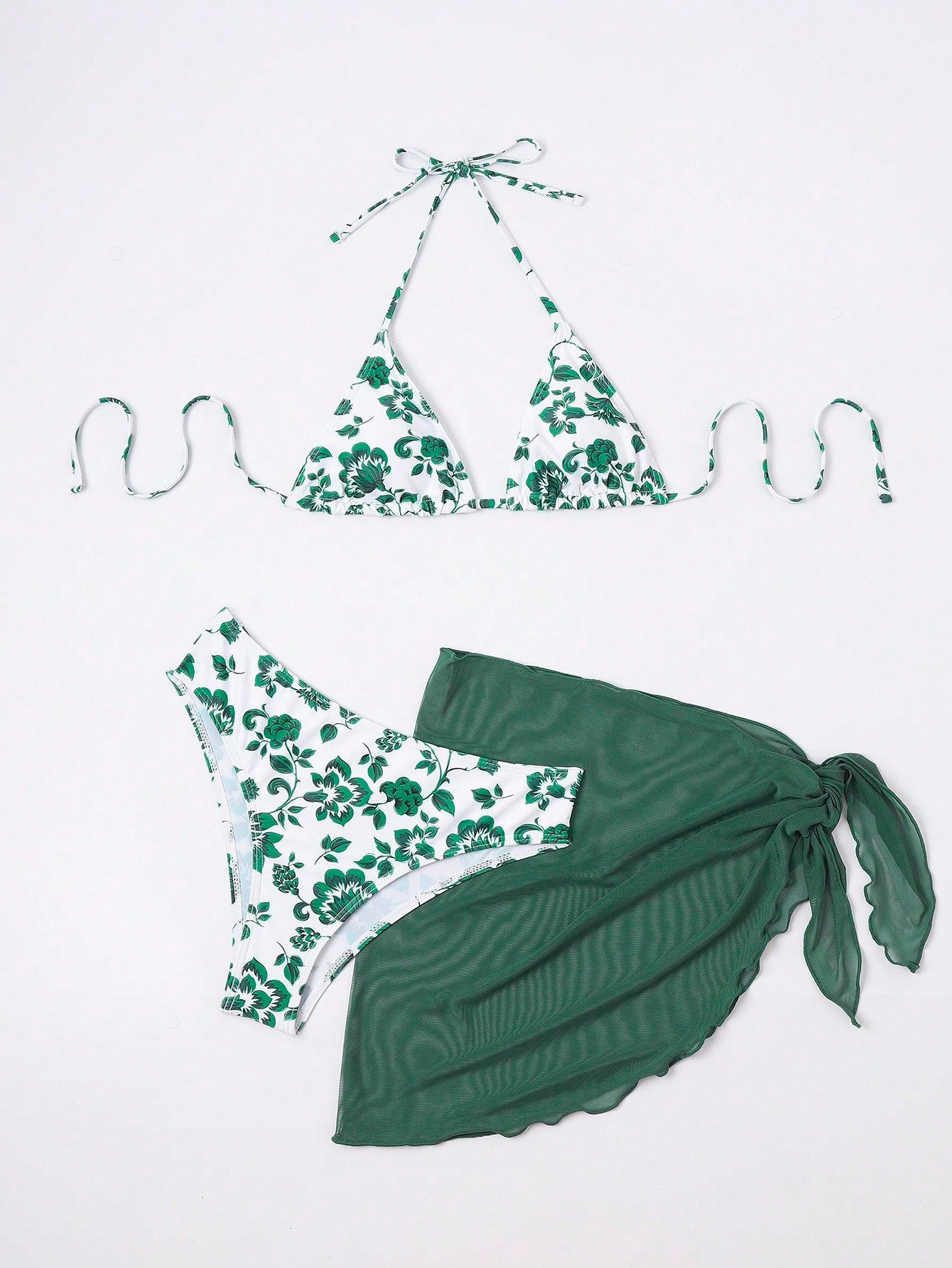 SHEIN Swim Mod Floral Print Halter Triangle Bikini Swimsuit With Beach Skirt