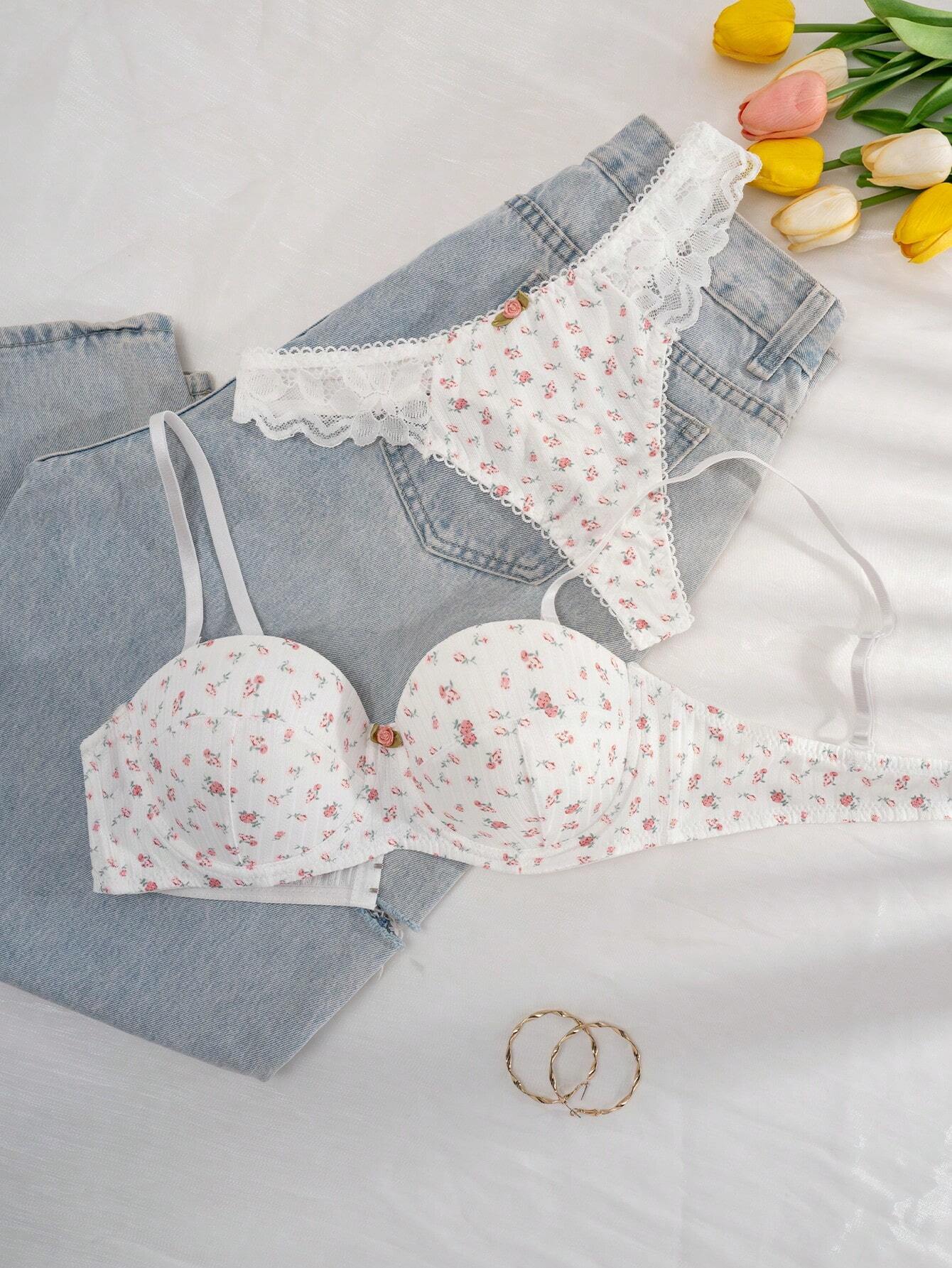 Floral Print Lettuce Trim Underwire Bra &amp; Panty Lingerie Set