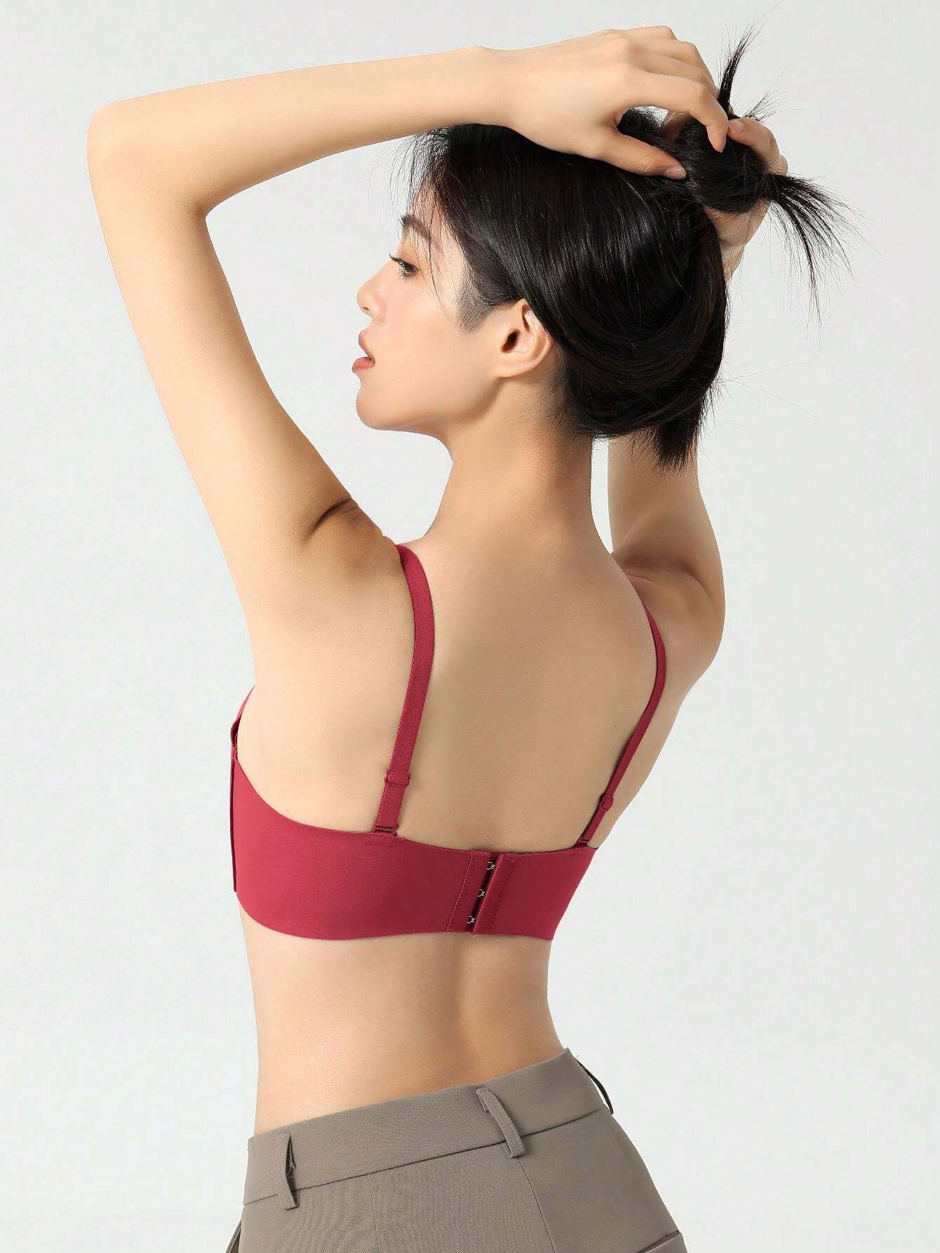 Brown Front Close No Wire Padded Push-Up Bra For Flat Chest Women