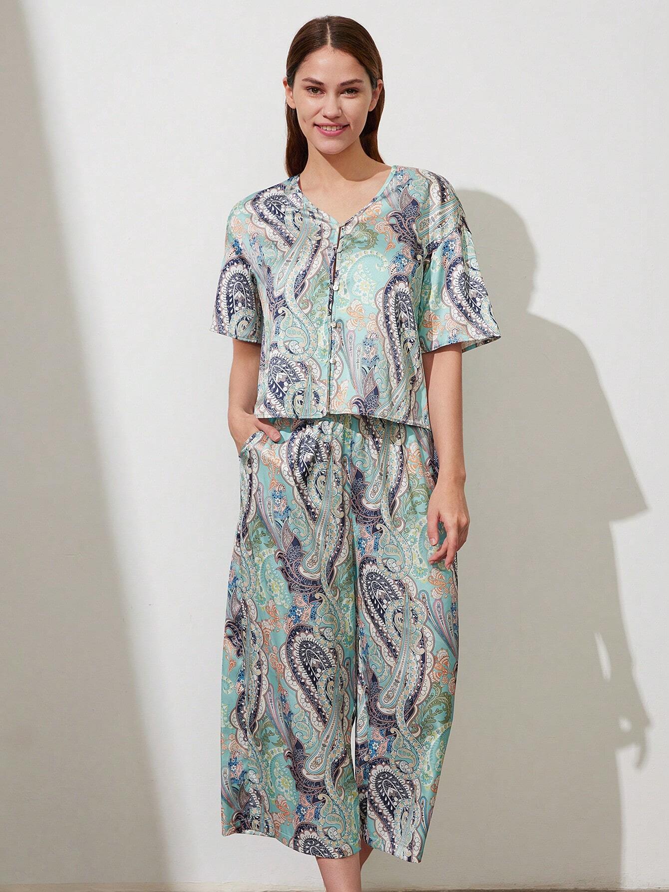 LUVLETTE Paisley Print Satin Top And Long Pant Women Pajama Set