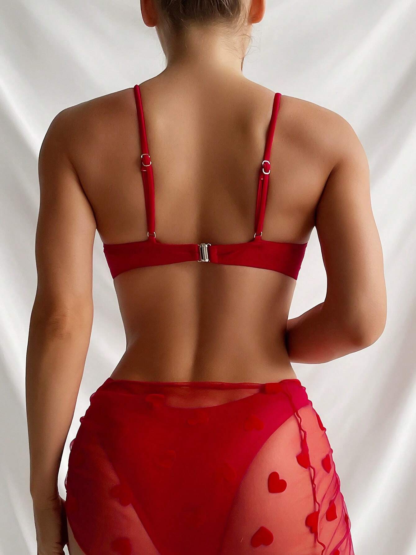 Swim Summer Beach Heart Print Underwire Bikini Set With Beach Skirt