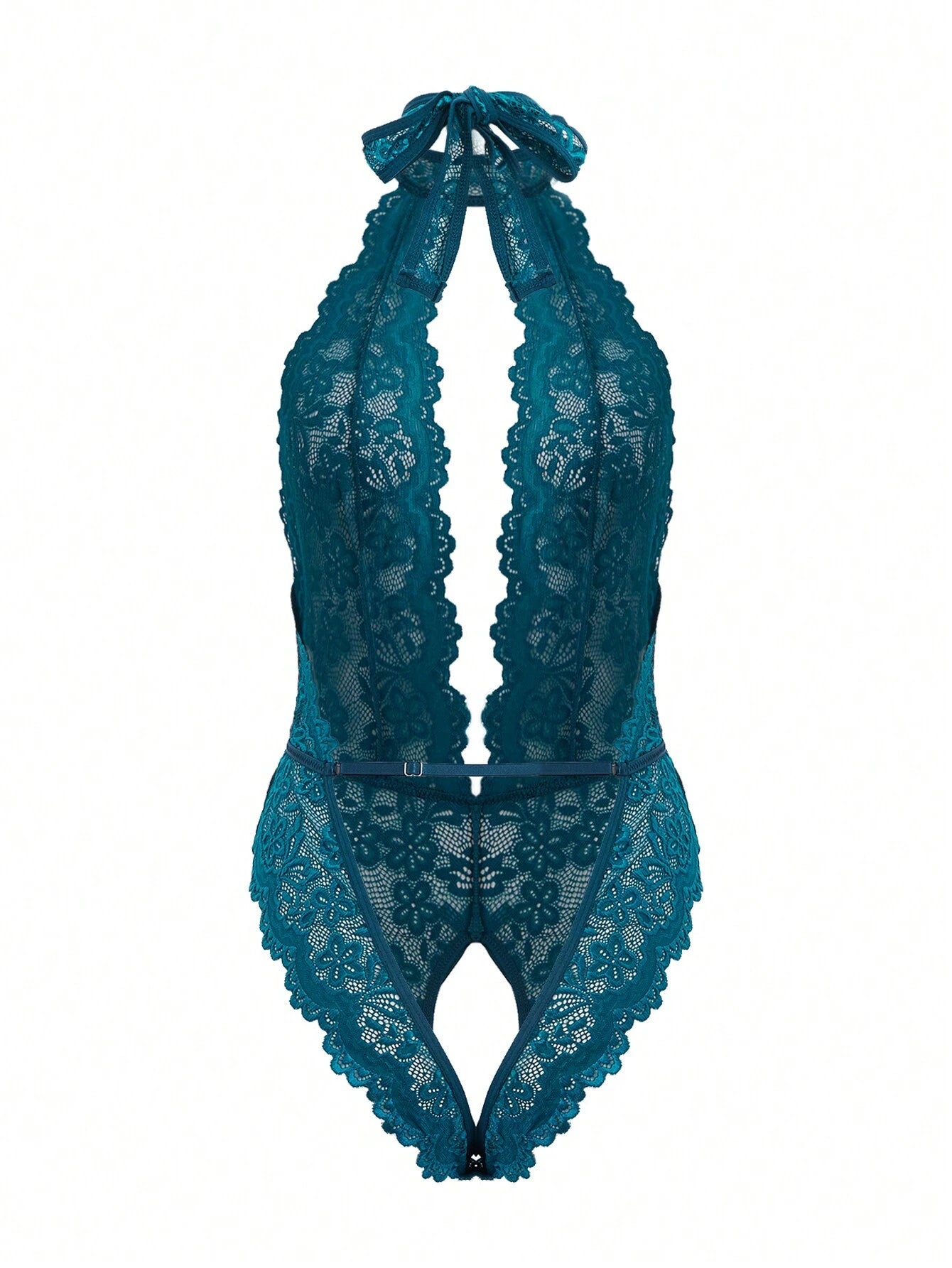 Classic Sexy Floral Lace Scallop Trim Crotchless Teddy Bodysuit Lingerie Teal Blue