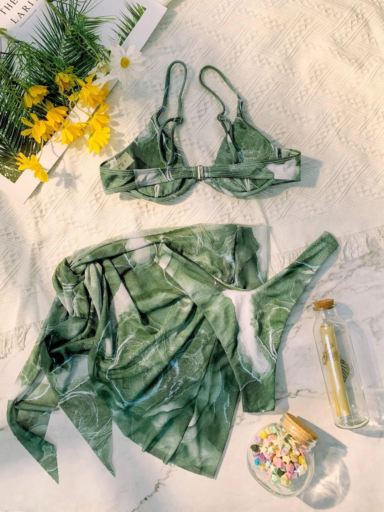 Swim Vcay Marble Print Ribbed Bikini Set Underwire Cami Bra &amp; Cheeky Bottom &amp; Beach Skirt 3 Piece Bathing Suit