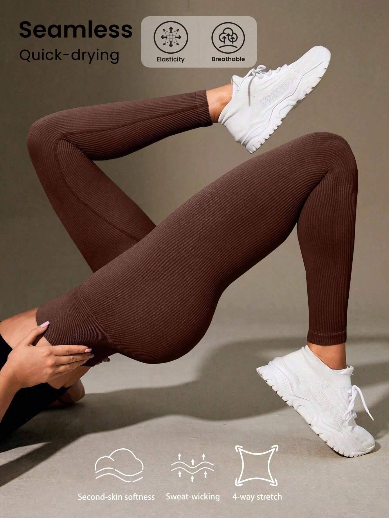 Yoga Basic Solid Wideband Waist Sports Leggings Brown