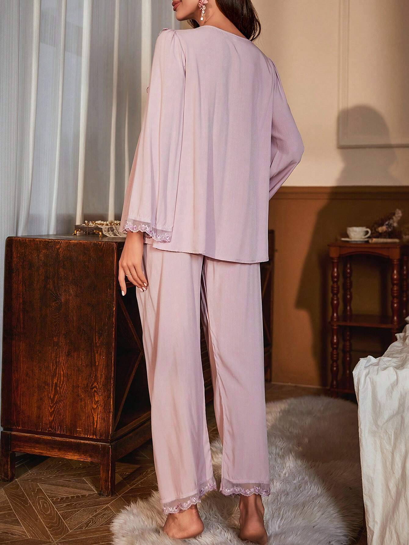 Underwear&amp;Sleepwear Maternity Maternity Lace Trim Square Neck Sleep Top &amp; Adjustable Waist Sleep Pants F