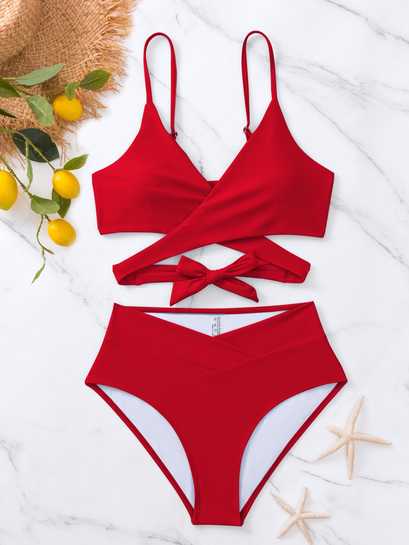 SHEIN Swim Basics Solid Bikini Set Crisscross Tie Back Bra &amp; Overlap High Waisted Bottom 2 Piece Bathing Suit