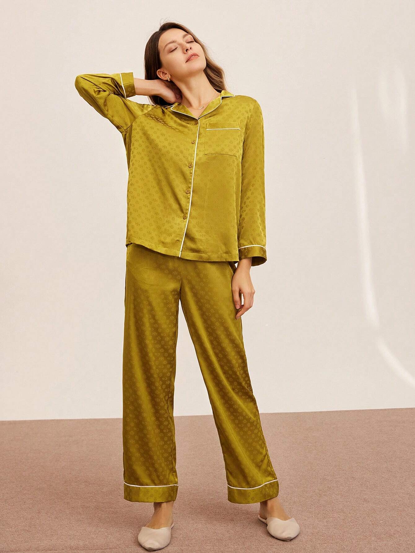 LUVLETTE Retro Polka Flora Satin Long Women Pajama Sets