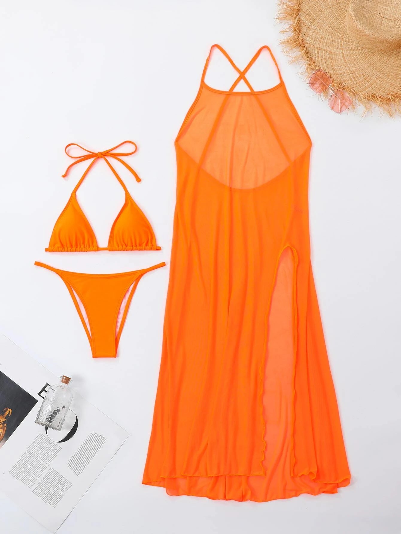 Plain Halter Triangle Bikini Swimsuit With Cover Up Orange