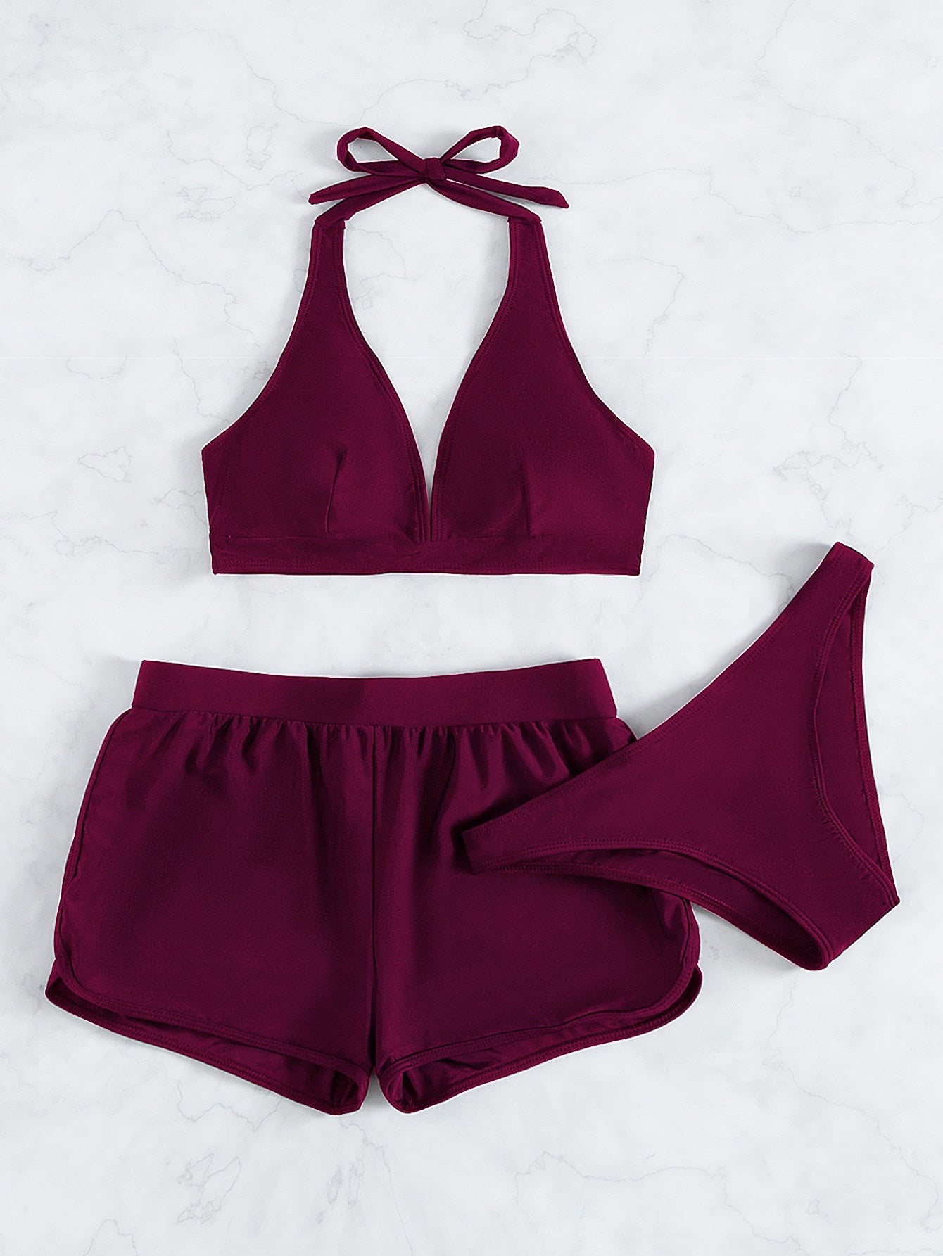 Solid Bikini Set Halter Bra &amp; Bikini Bottom &amp; Dolphin Shorts 3 Piece Bathing Suit