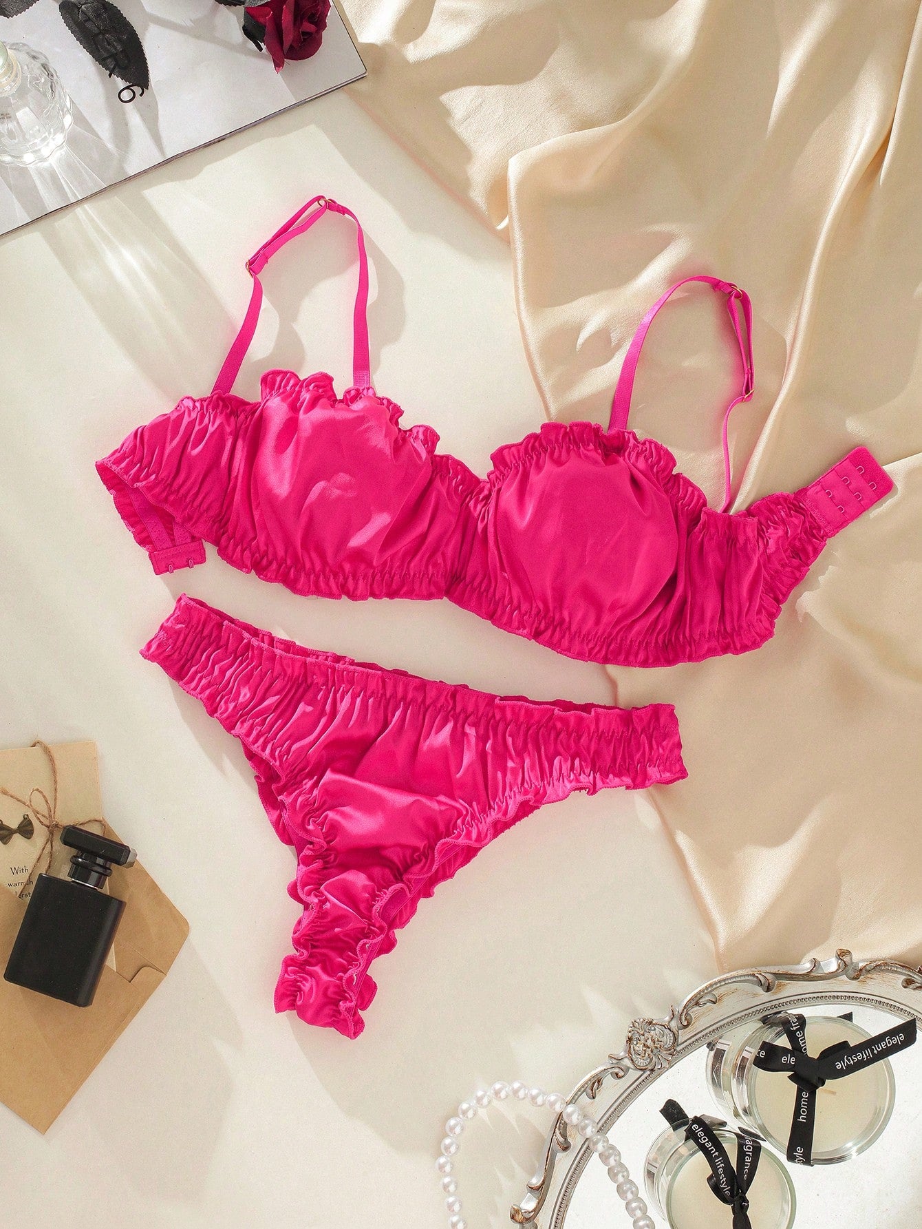 Frill Trim Satin Lingerie Set