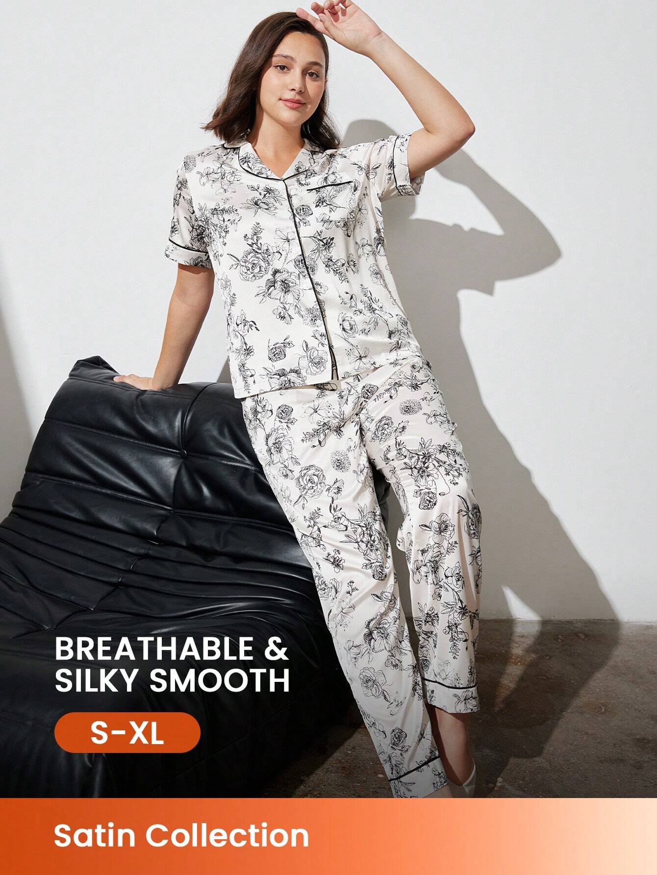LUVLETTE Satin Floral Short-Sleeve Button-Up &amp; Pants Women Pajama Set