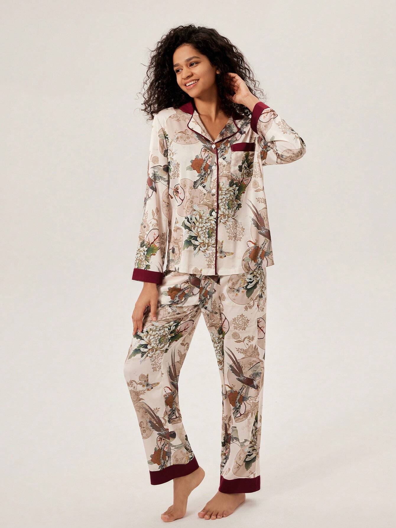LUVLETTE Chinese Ink Painting Flora Print Satin Long Women Pajama Sets