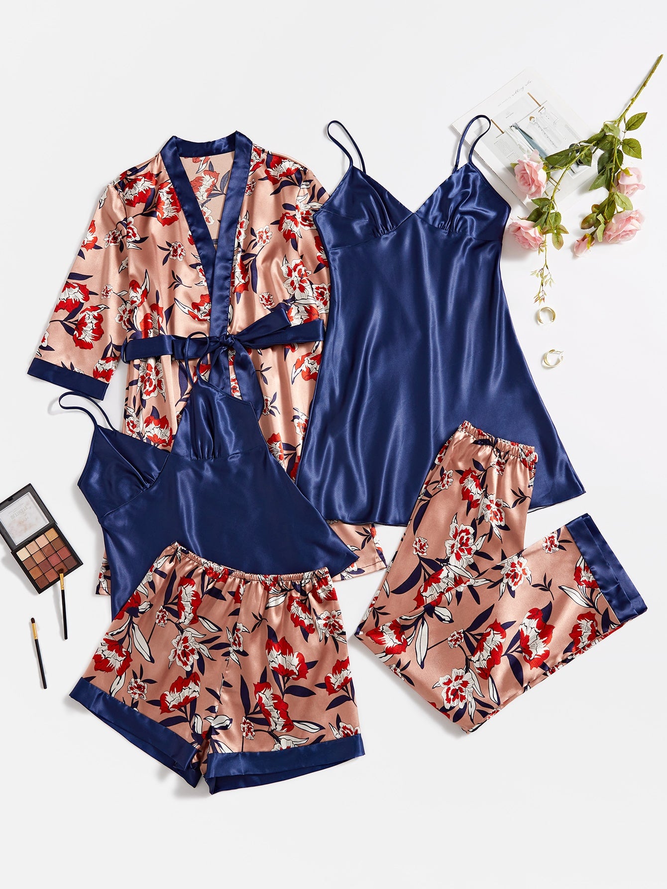 5pcs Floral Print Belted Satin Robe &amp; Cami Top &amp; Night Dress &amp; Pants &amp; Shorts S Multicolor