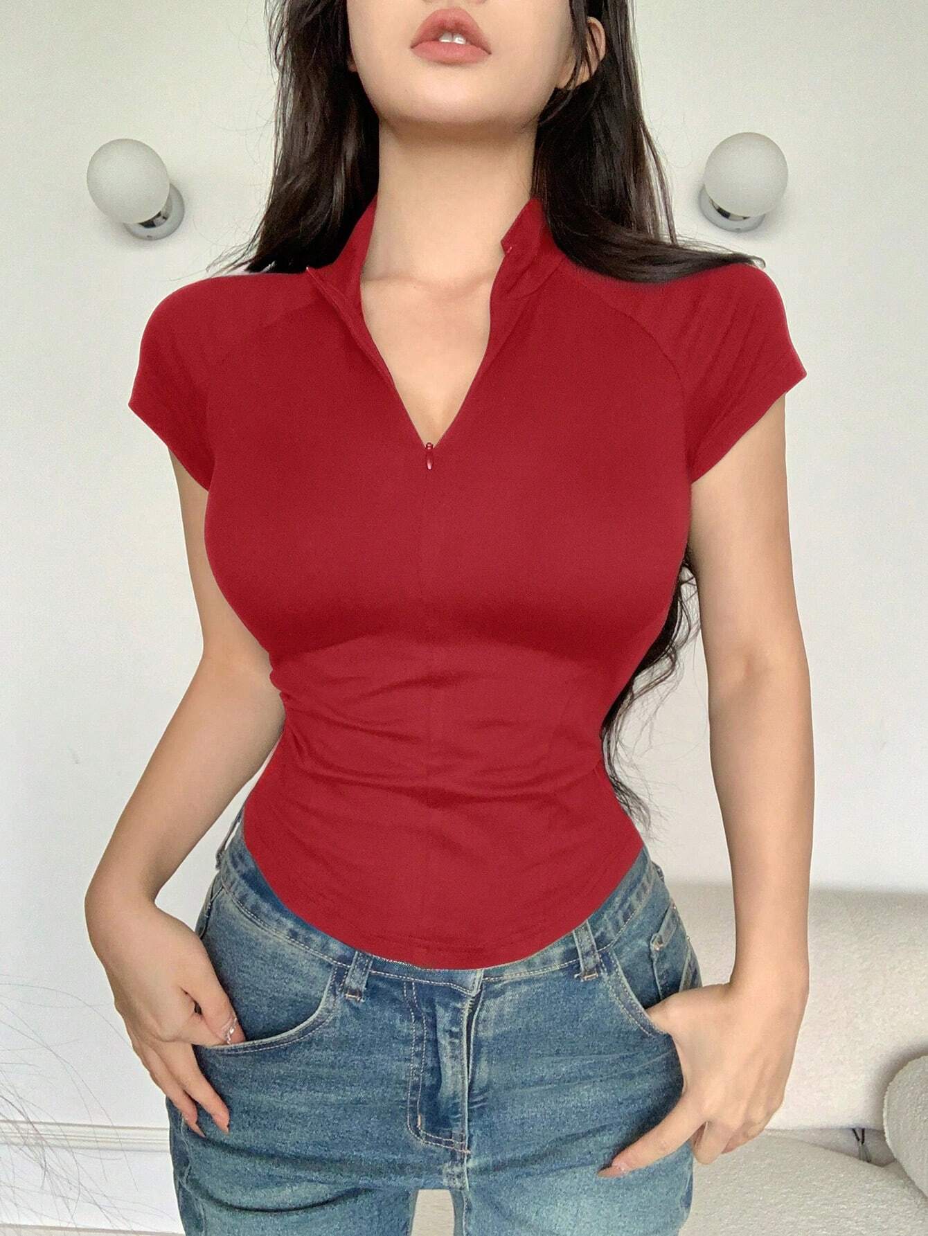 DAZY Solid Zipper Closure Compression Sports T-Shirt