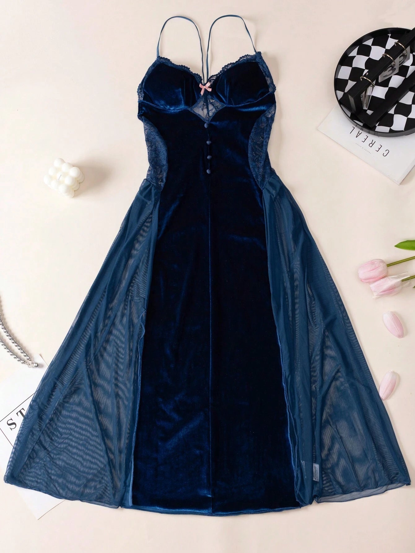 Sexy Lingerie Lace &amp; Mesh &amp; Velvet Patchwork Bow Detail Bowknot Design False Button High Slit With Removable Padding Open Back Strap Nightgown Dress