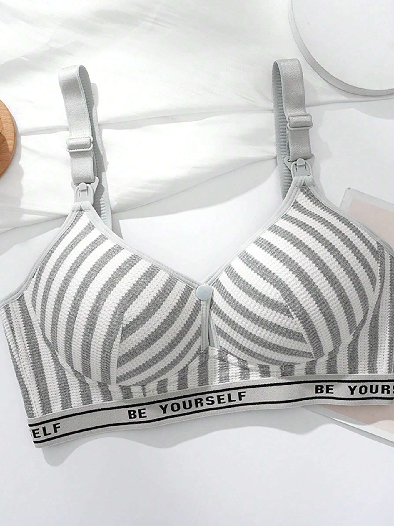 Striped Push-Up Bra Without Underwire, Comfortable And Breathable, Lingerie Grey
