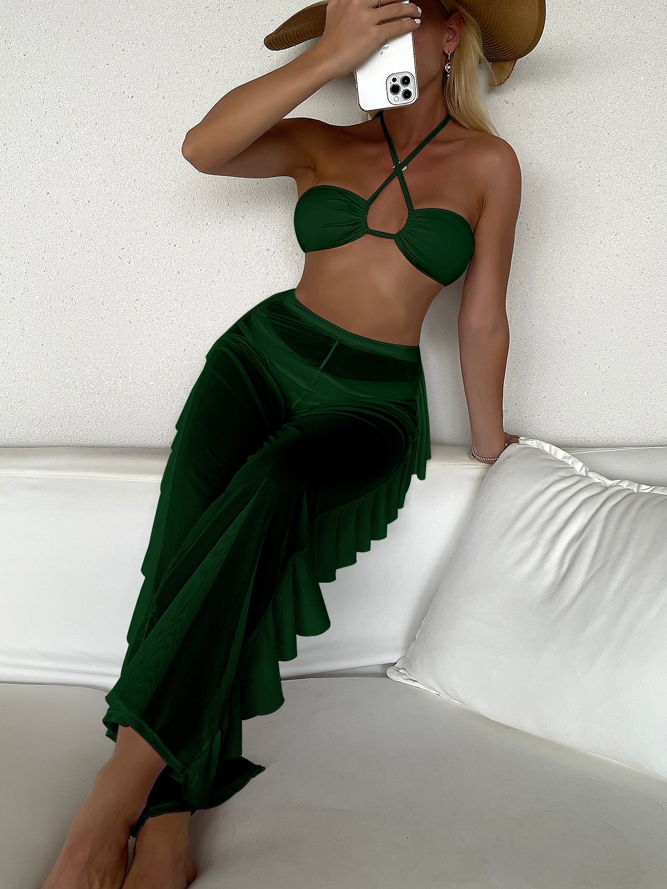 SHEIN Swim SXY Mono Bikini Set Crisscross Halter Wireless Bra Top &amp; High Cut Bikini Bottom &amp; Mesh Cover Up Pants 3 Piece Swimsuit